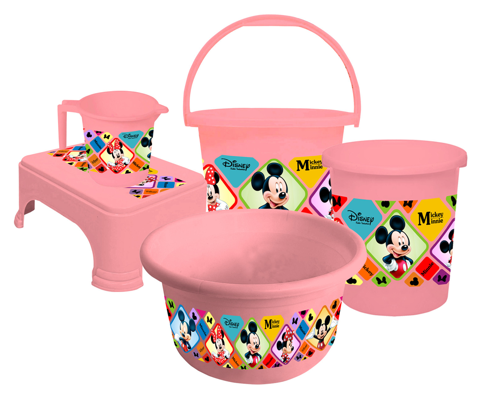 Kuber Industries Disney Mickey Minnie Print Plastic Bathroom Set of 5 Pieces with Bucket, Tub, Stool, Dustbin & Mug (Pink)-KUBMART15273 -HS_35_KUBMART17961