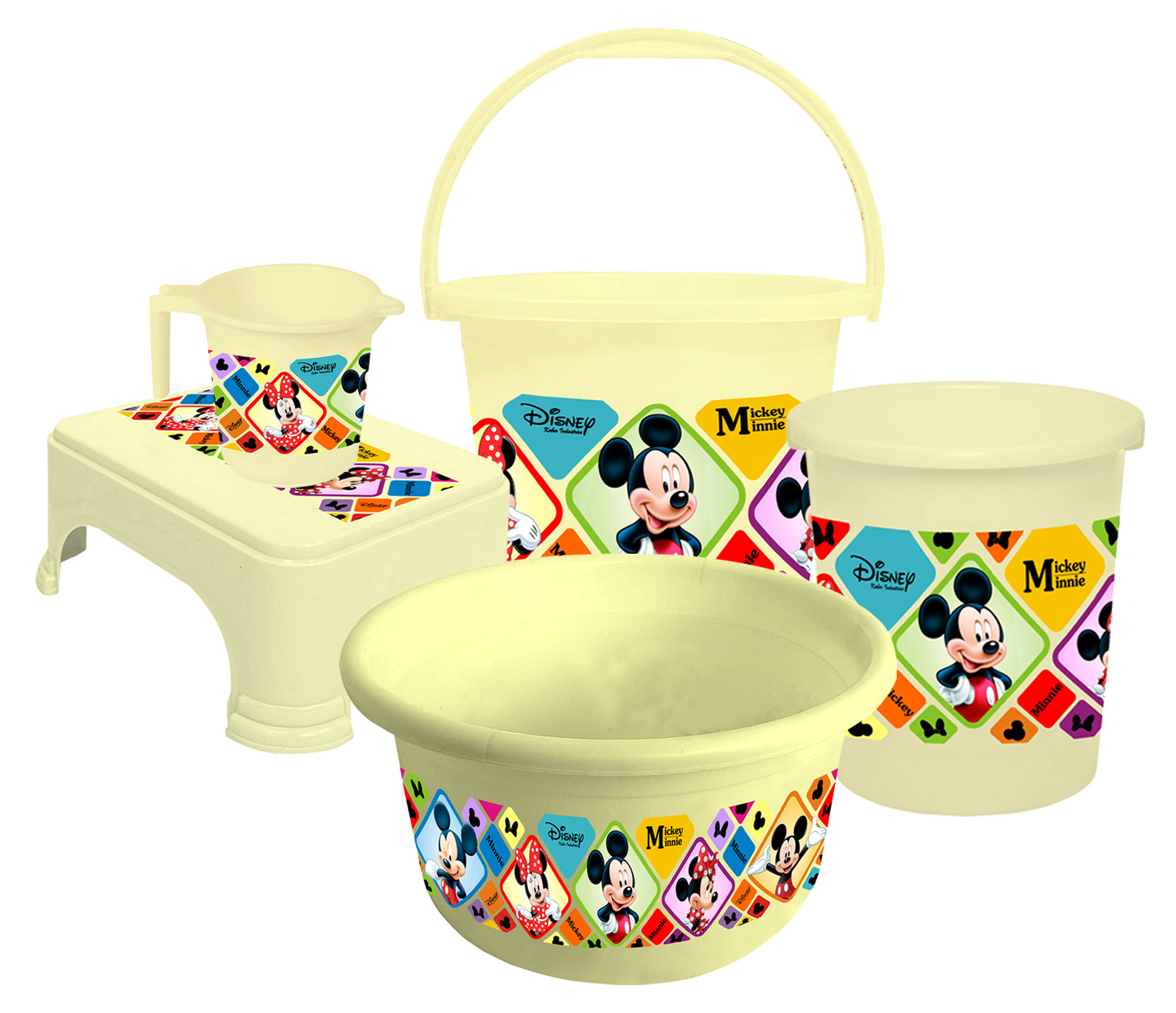 Kuber Industries Disney Mickey Minnie Print Plastic Bathroom Set of 5 Pieces with Bucket, Tub, Stool, Dustbin & Mug (Cream)-KUBMART15273 -HS_35_KUBMART17963