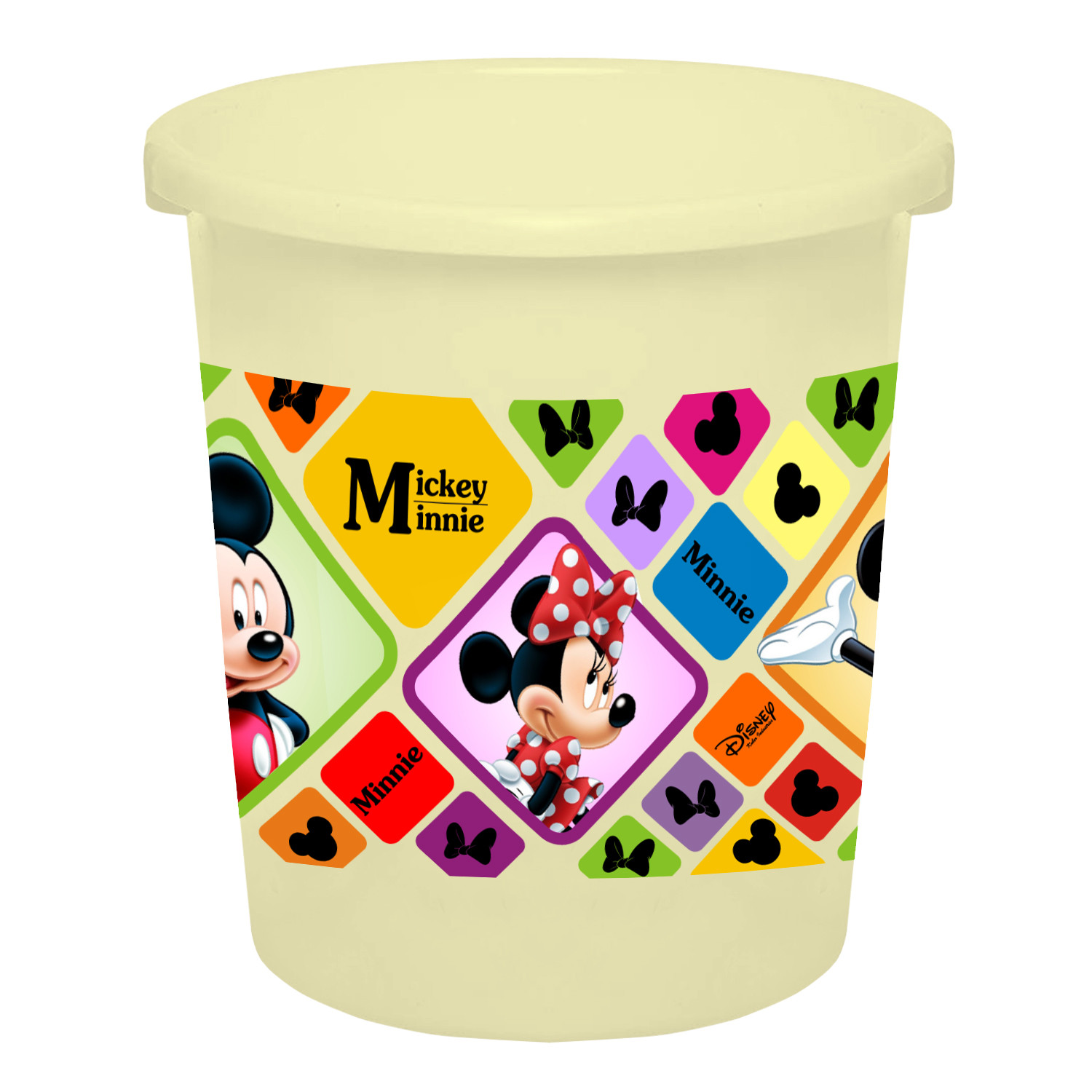 Kuber Industries Disney Mickey Minnie Print Plastic Bathroom Set of 5 Pieces with Bucket, Tub, Stool, Dustbin & Mug (Cream)-KUBMART15273 -HS_35_KUBMART17963