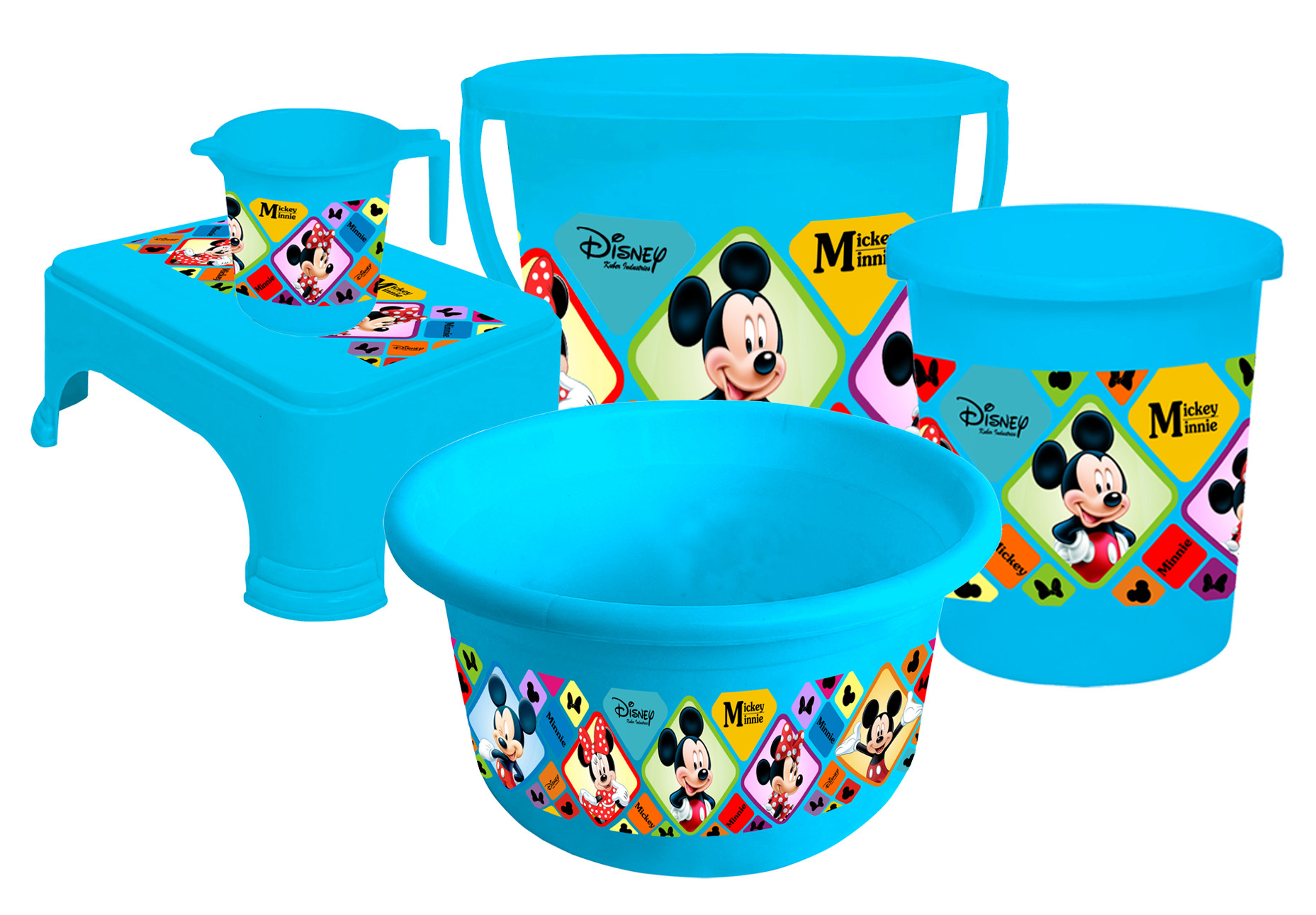 Kuber Industries Disney Mickey Minnie Print Plastic Bathroom Set of 5 Pieces with Bucket, Tub, Stool, Dustbin & Mug (Blue)-KUBMART15273 -HS_35_KUBMART17965