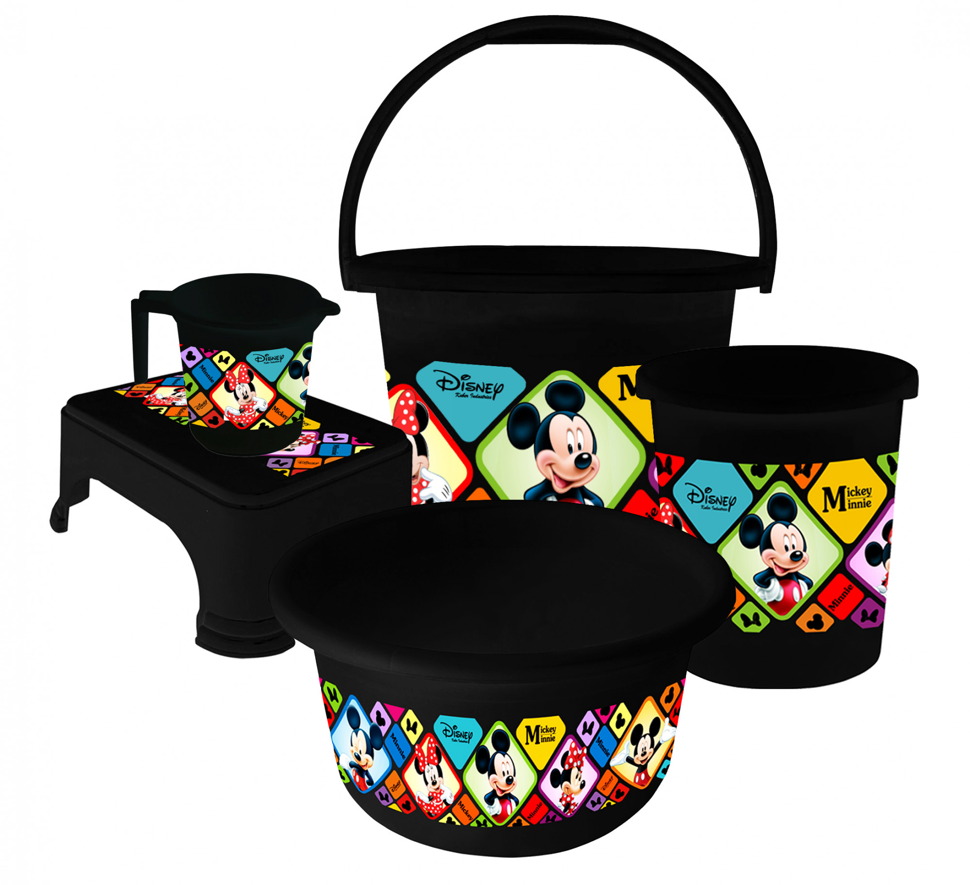 Kuber Industries Disney Mickey Minnie Print Plastic Bathroom Set of 5 Pieces with Bucket, Tub, Stool, Dustbin & Mug (Black)-KUBMART15273 -HS_35_KUBMART17967