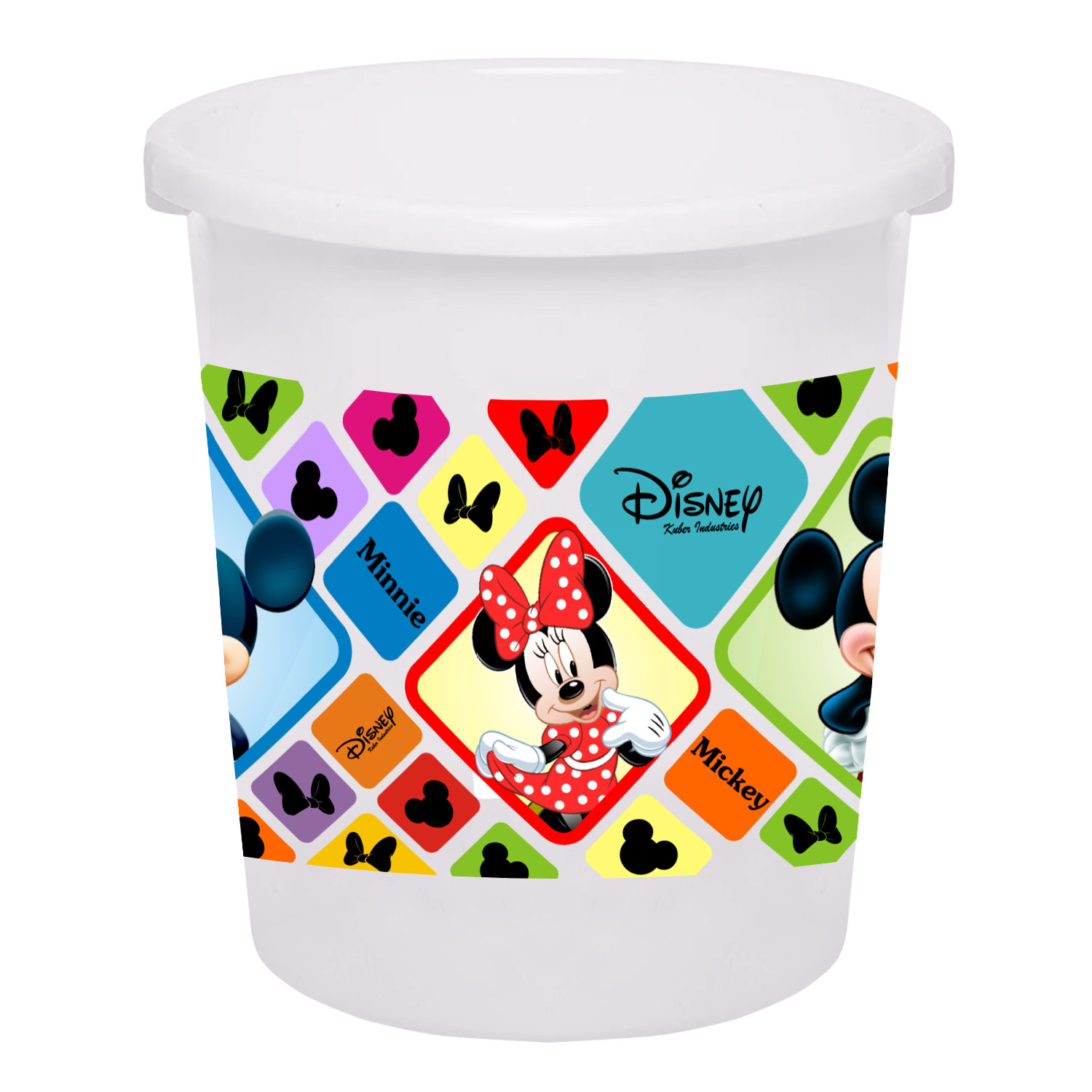 Kuber Industries Disney Mickey Minnie Print Plastic Bathroom Set of 5 Pieces with Bucket, Tub, Stool, Dustbin & Mug (White)-KUBMART15273 -HS_35_KUBMART17969