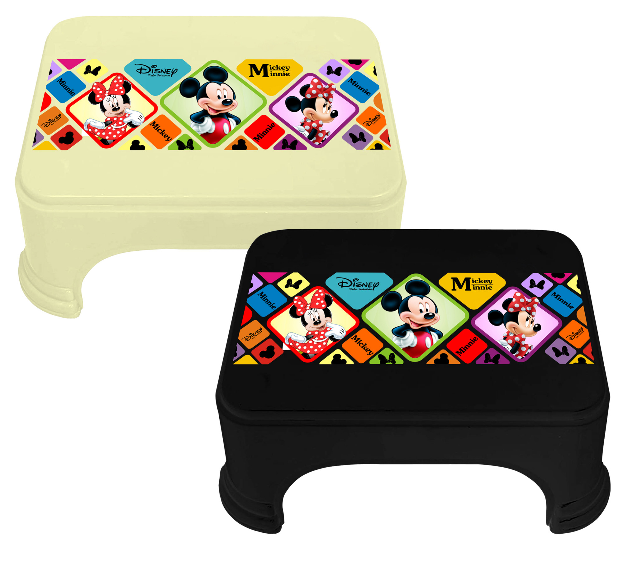 Kuber Industries Disney Mickey Minnie Print Square Plastic Bathroom Stool (Set of 2, Cream & Black) -HS_35_KUBMART17733