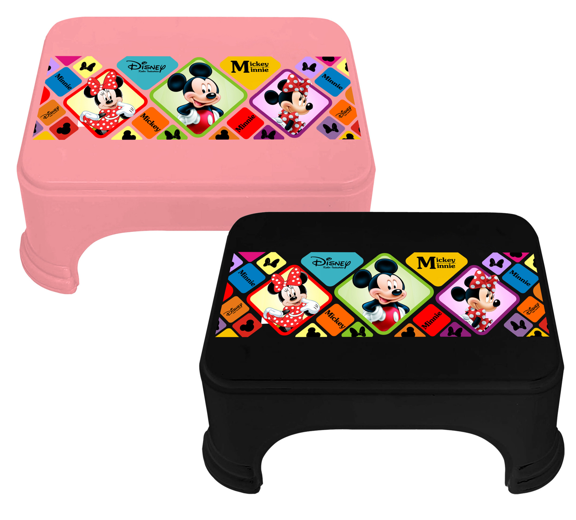 Kuber Industries Disney Mickey Minnie Print Square Plastic Bathroom Stool (Set of 2, Pink & Black) -HS_35_KUBMART17727