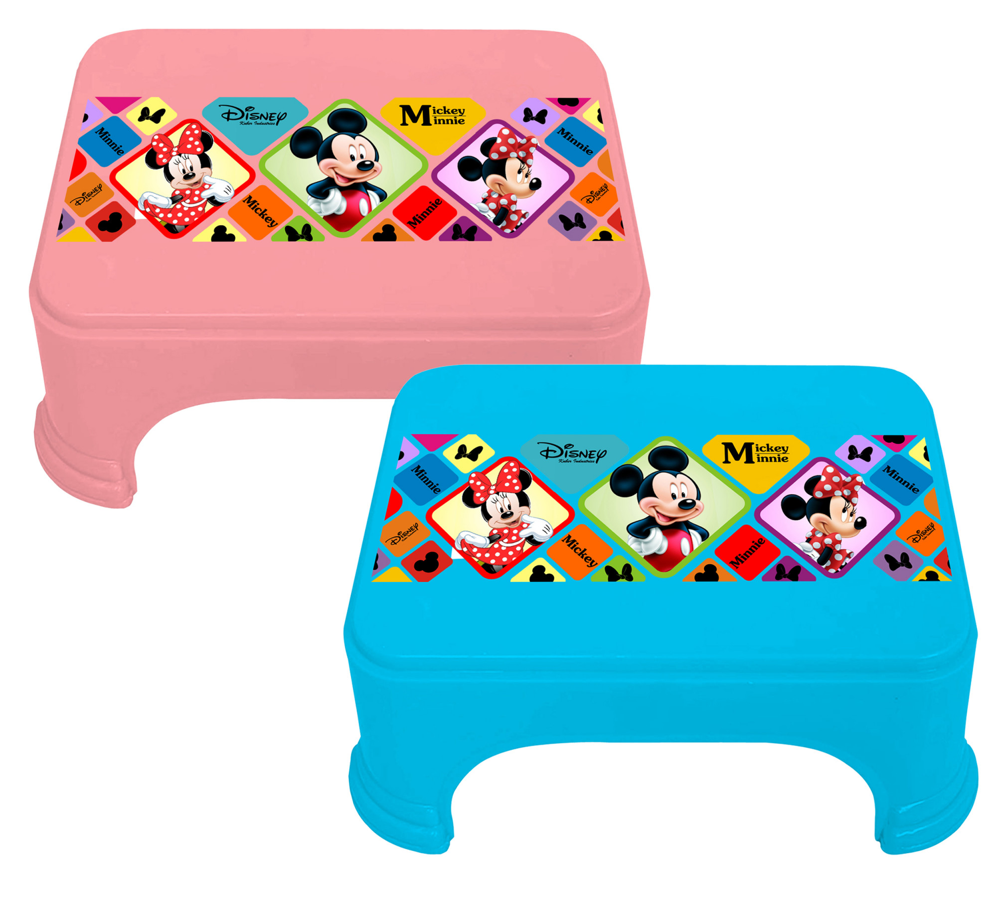 Kuber Industries Disney Mickey Minnie Print Square Plastic Bathroom Stool (Set of 2, Pink & Blue) -HS_35_KUBMART17725