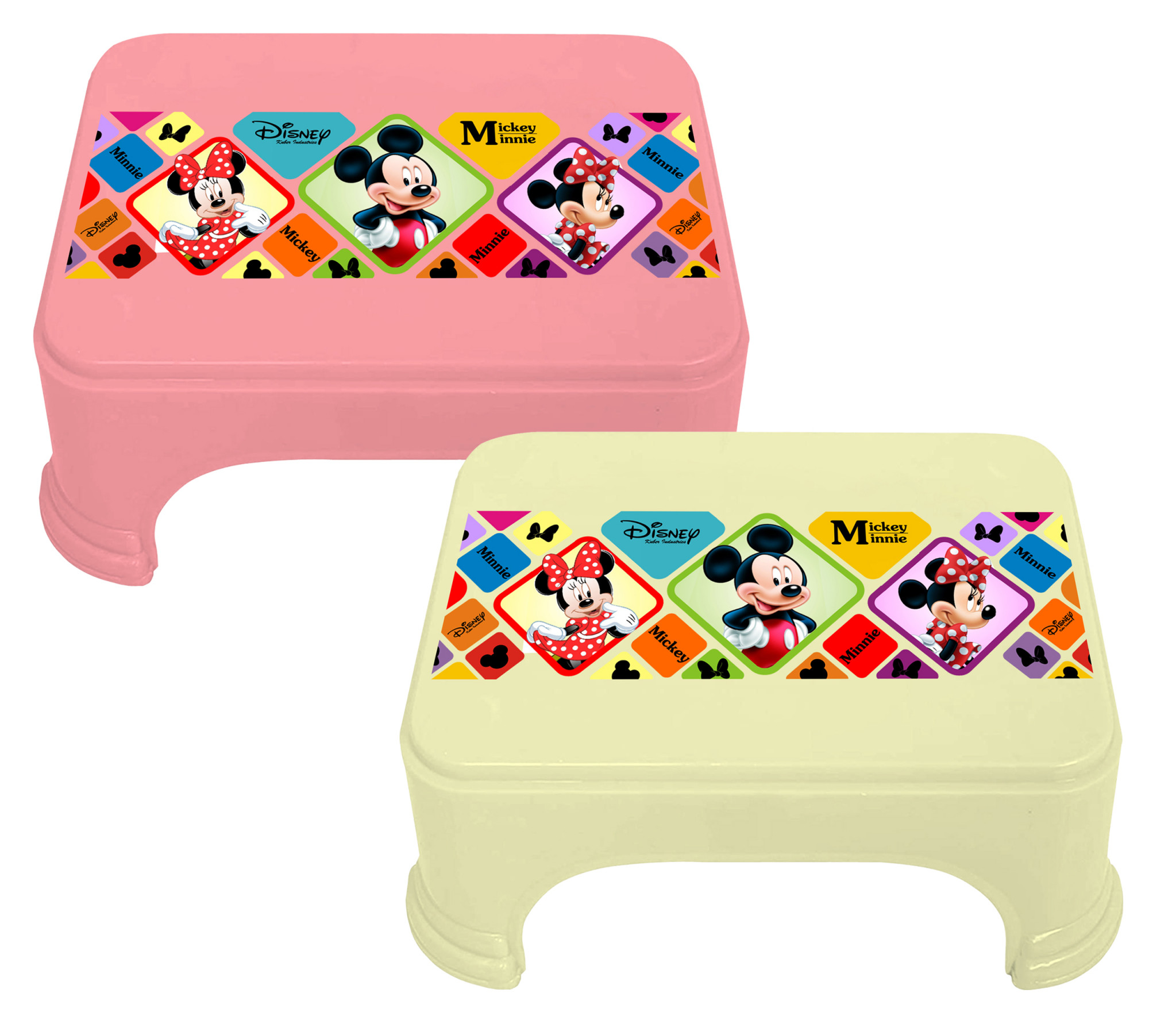 Kuber Industries Disney Mickey Minnie Print Square Plastic Bathroom Stool (Set of 2, Pink & Cream) -HS_35_KUBMART17723