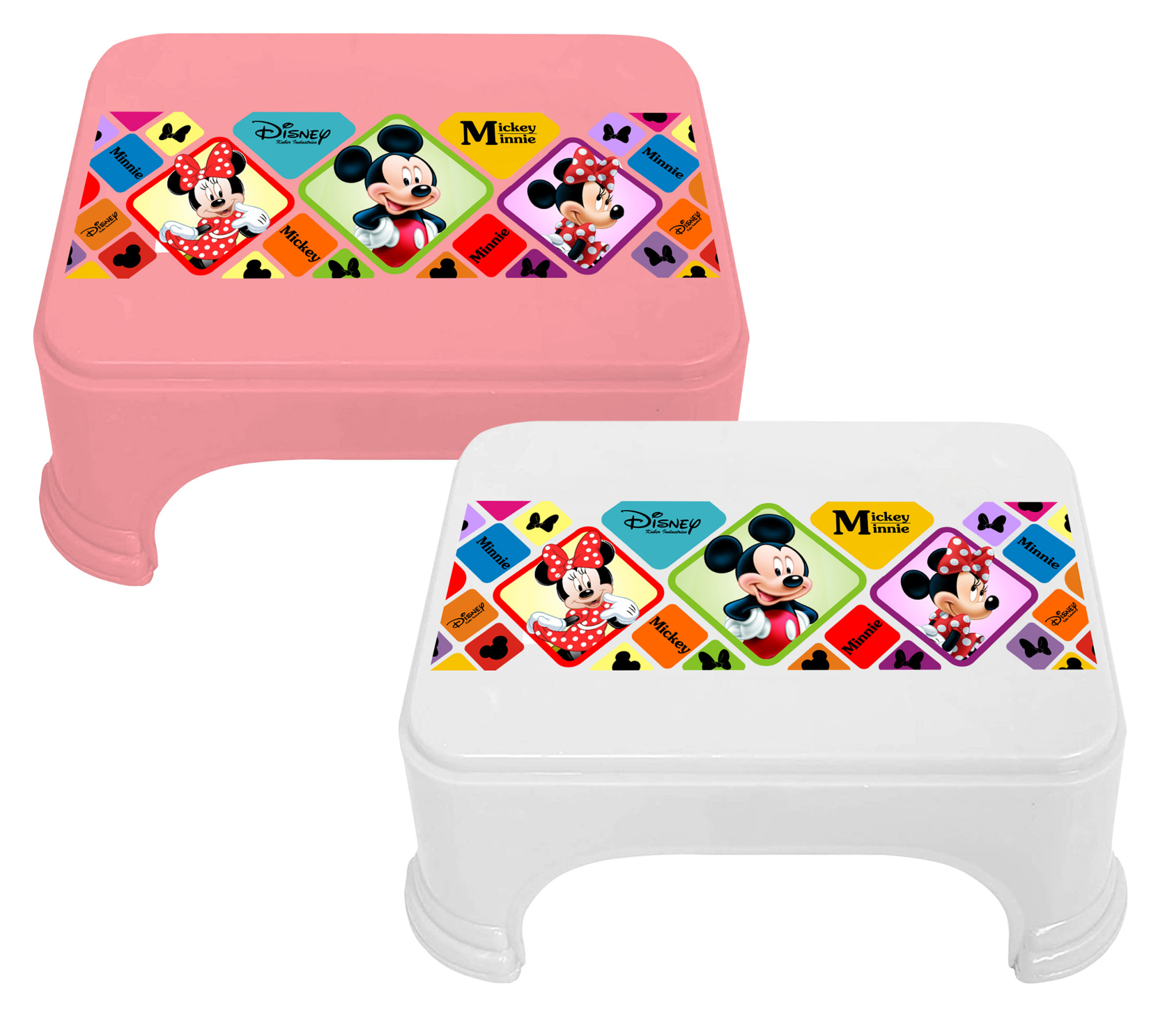 Kuber Industries Disney Mickey Minnie Print Square Plastic Bathroom Stool (Set of 2, Pink & White) -HS_35_KUBMART17729