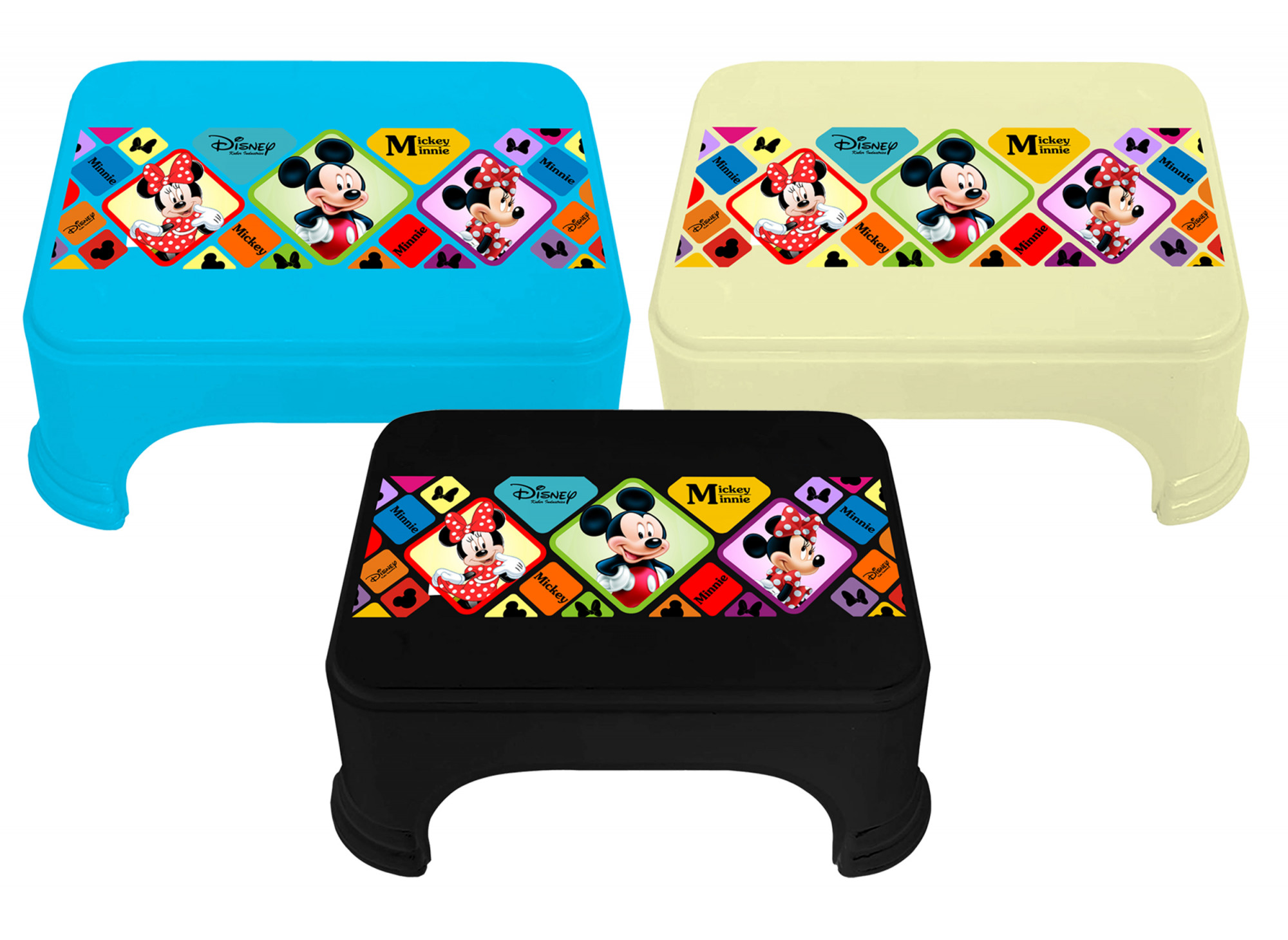 Kuber Industries Disney Mickey Minnie Print Square Plastic Bathroom Stool (Set of 3, Cream & Blue & Black) -HS_35_KUBMART17749