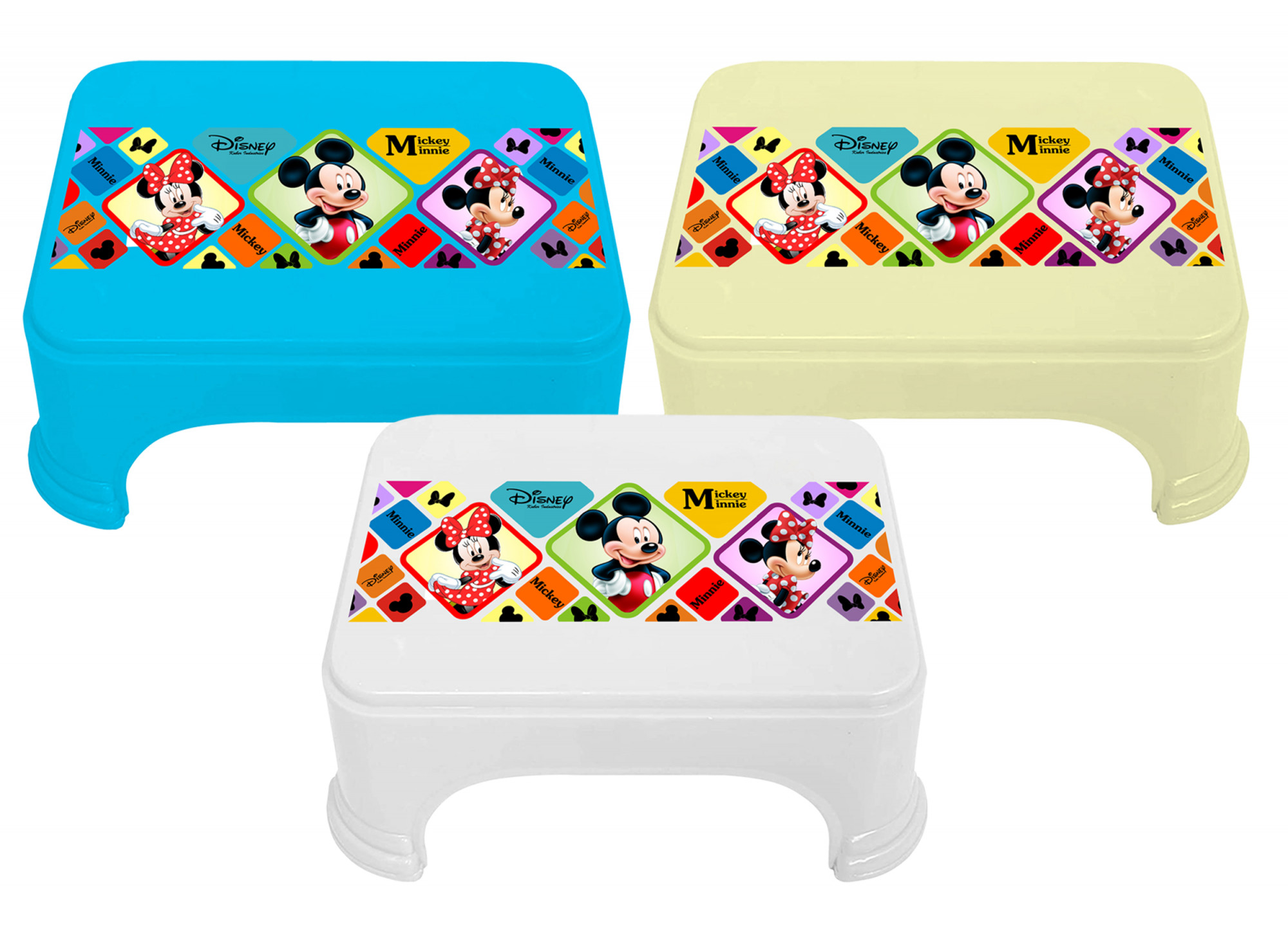 Kuber Industries Disney Mickey Minnie Print Square Plastic Bathroom Stool (Set of 3, Cream & Blue & White) -HS_35_KUBMART17751