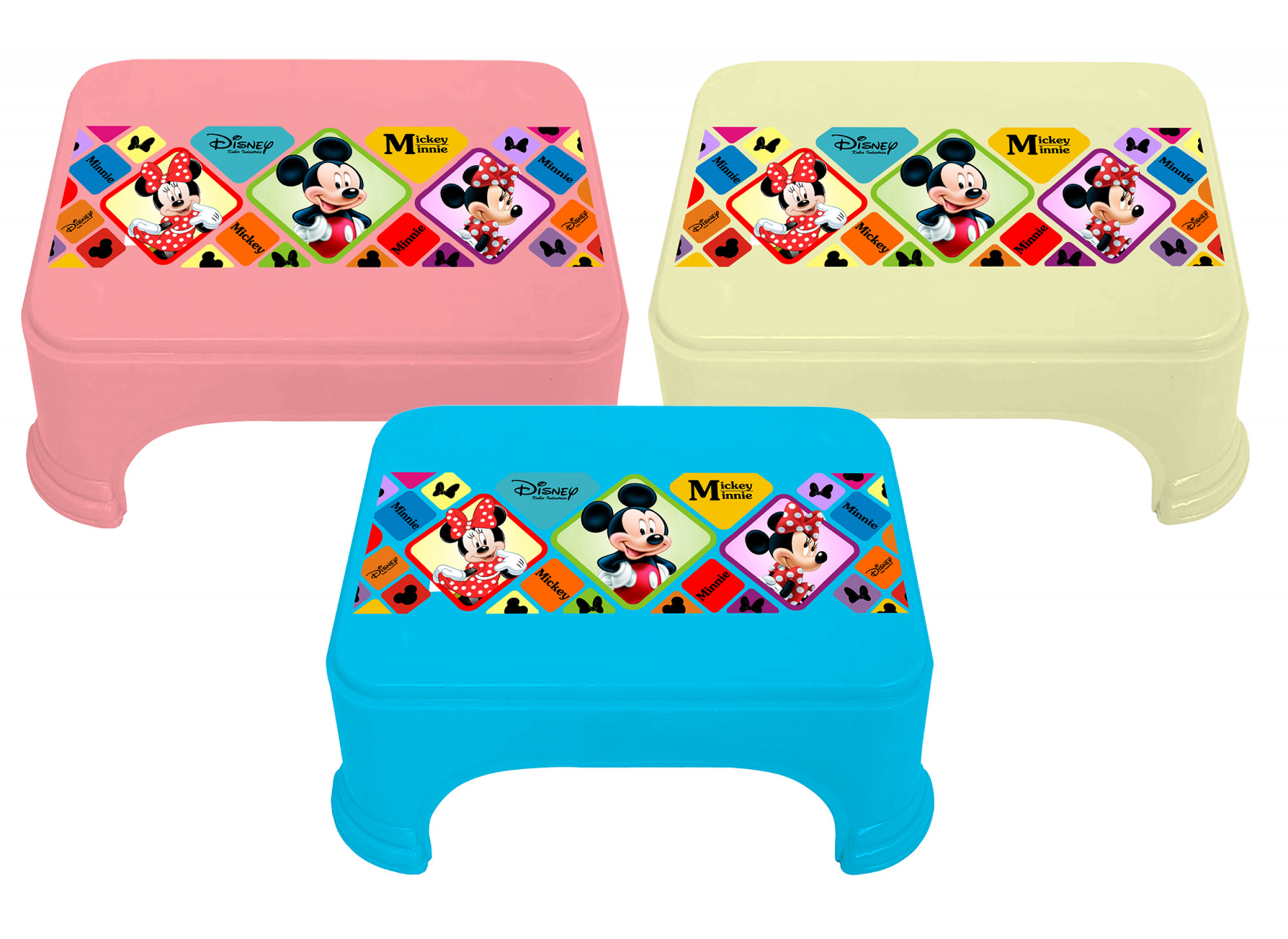 Kuber Industries Disney Mickey Minnie Print Square Plastic Bathroom Stool (Set of 3, Pink & Cream & Blue) -HS_35_KUBMART17743
