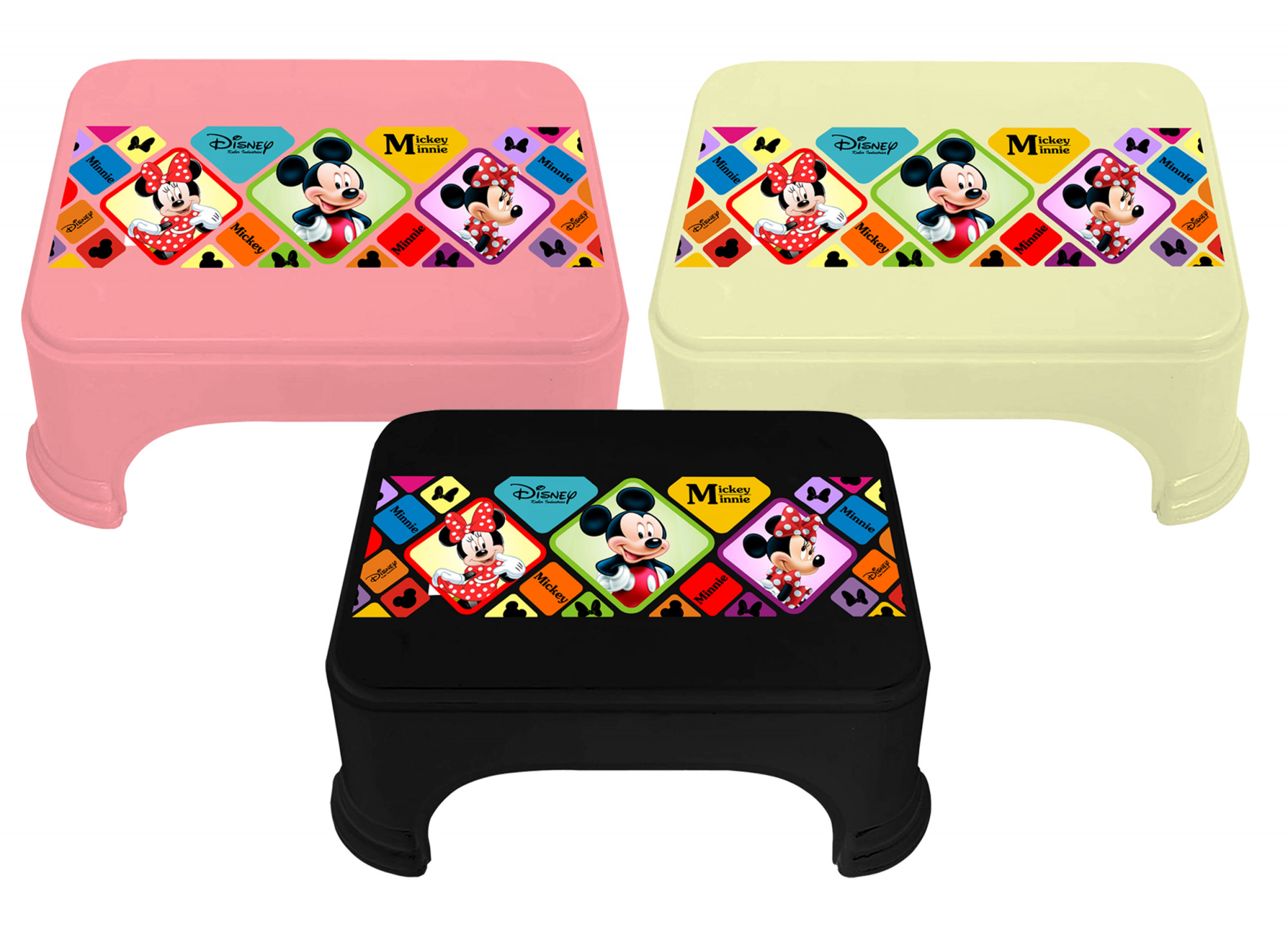 Kuber Industries Disney Mickey Minnie Print Square Plastic Bathroom Stool (Set of 3, Pink & Cream & Black) -HS_35_KUBMART17745