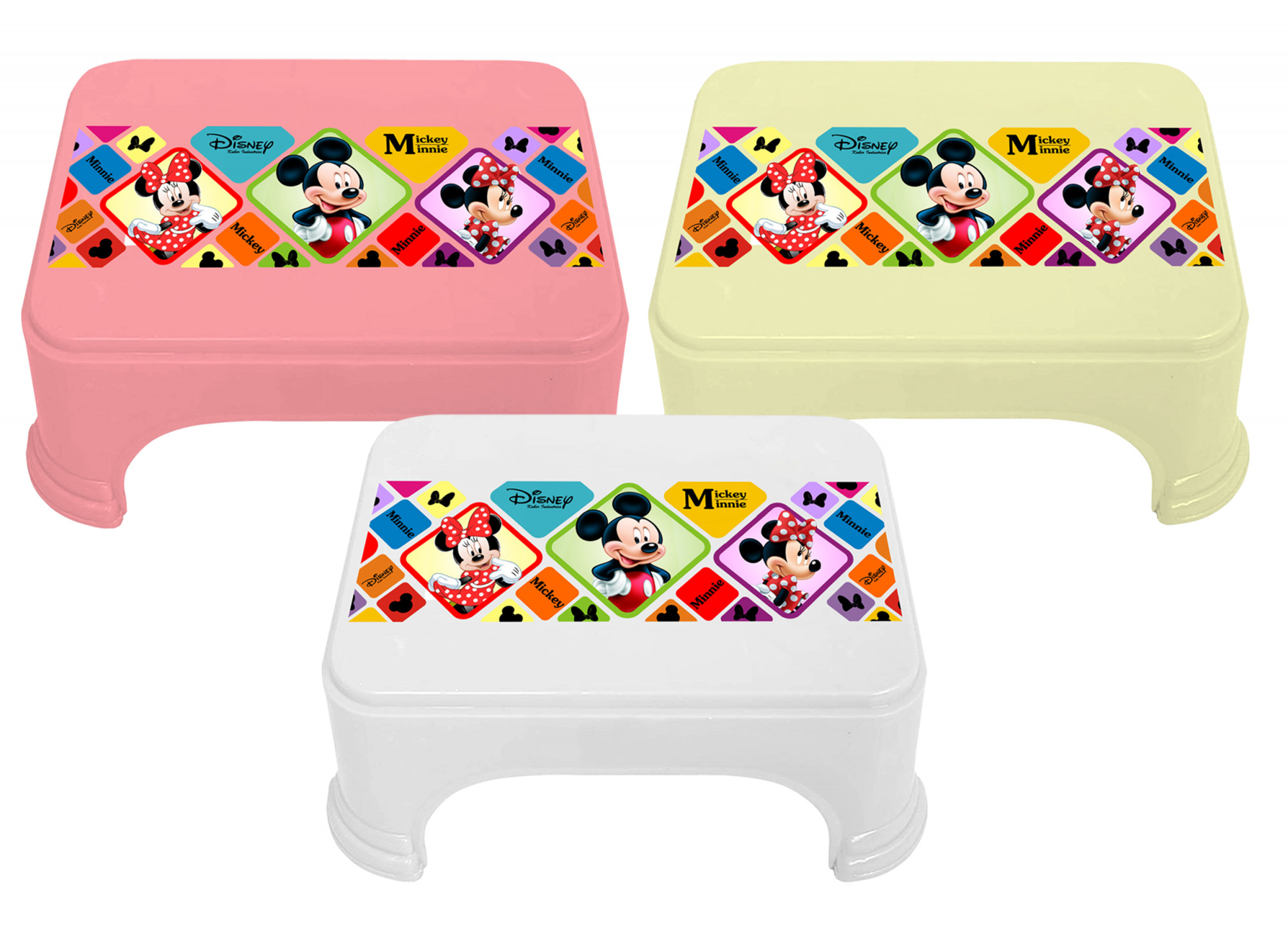 Kuber Industries Disney Mickey Minnie Print Square Plastic Bathroom Stool (Set of 3, Pink & Cream & White) -HS_35_KUBMART17747