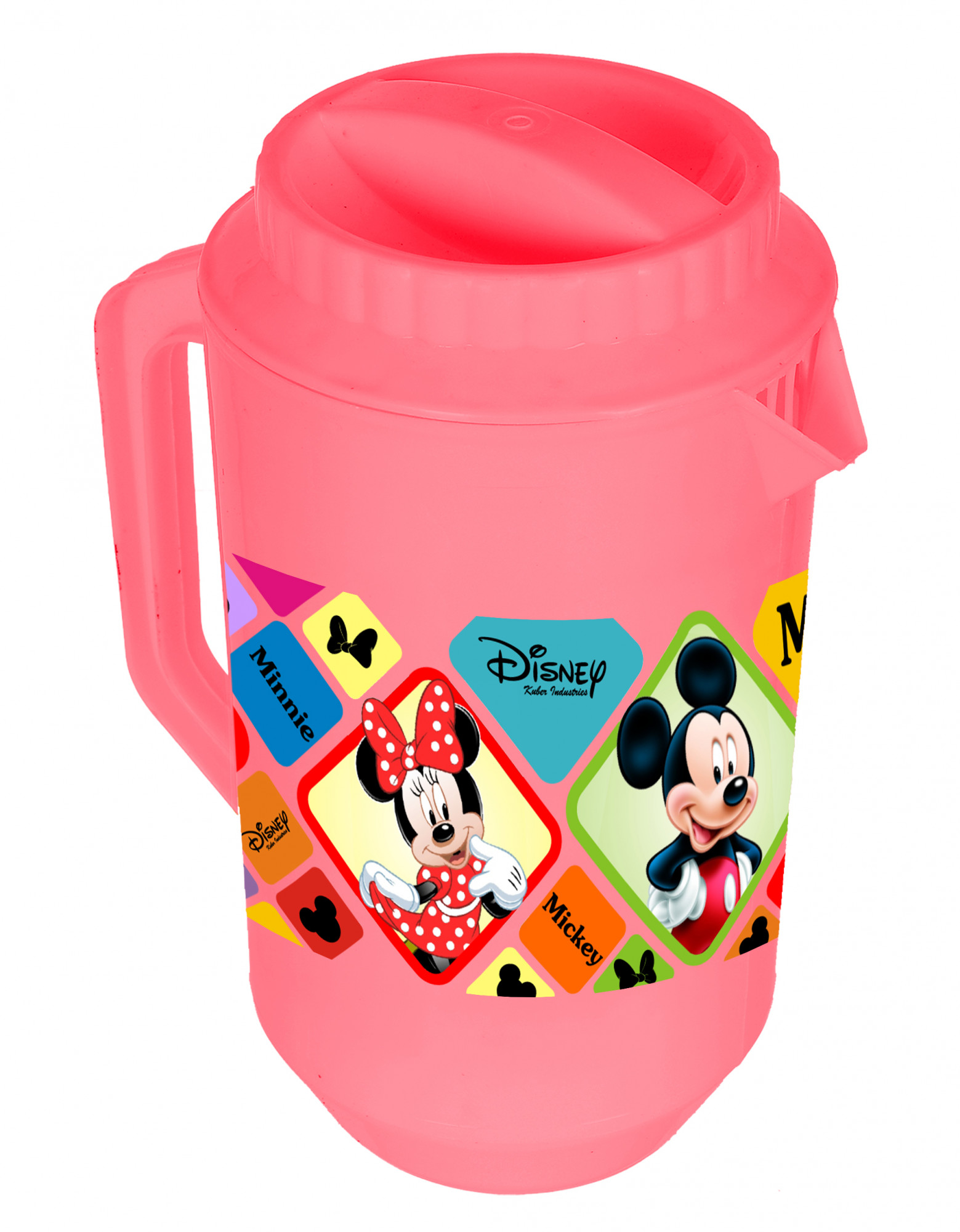 Kuber Industries Disney Mickey Minnie Print Unbreakable Multipurpose Plastic Water & Juice Jug With Lid,2 Ltr (Set Of 2, Pink & Cream)