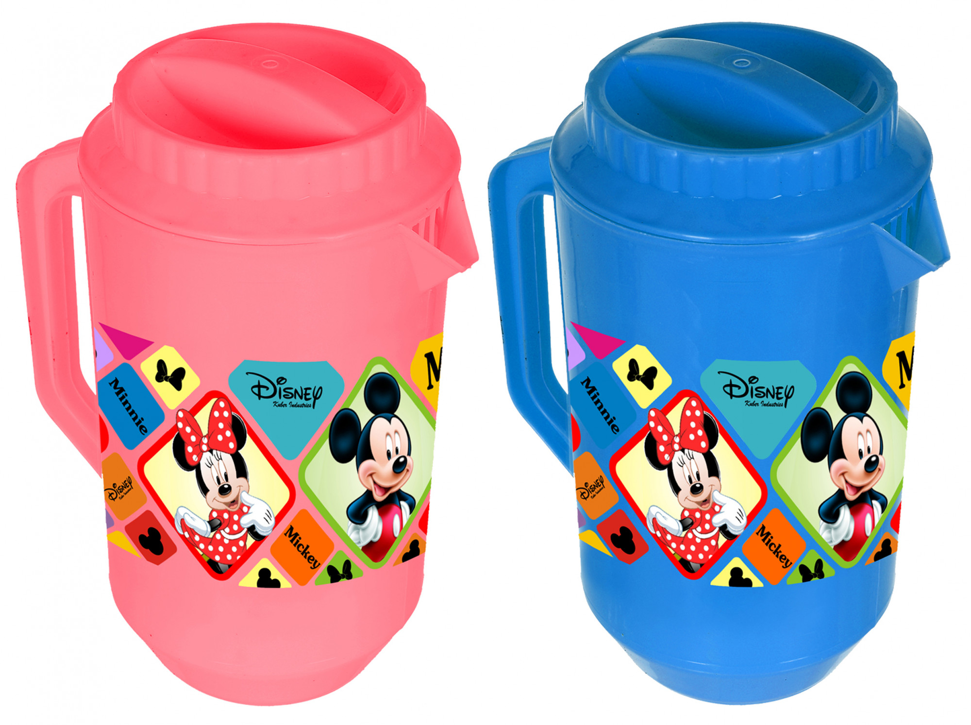 Kuber Industries Disney Mickey Minnie Print Unbreakable Multipurpose Plastic Water & Juice Jug With Lid,2 Ltr (Set Of 2, Pink & Blue)