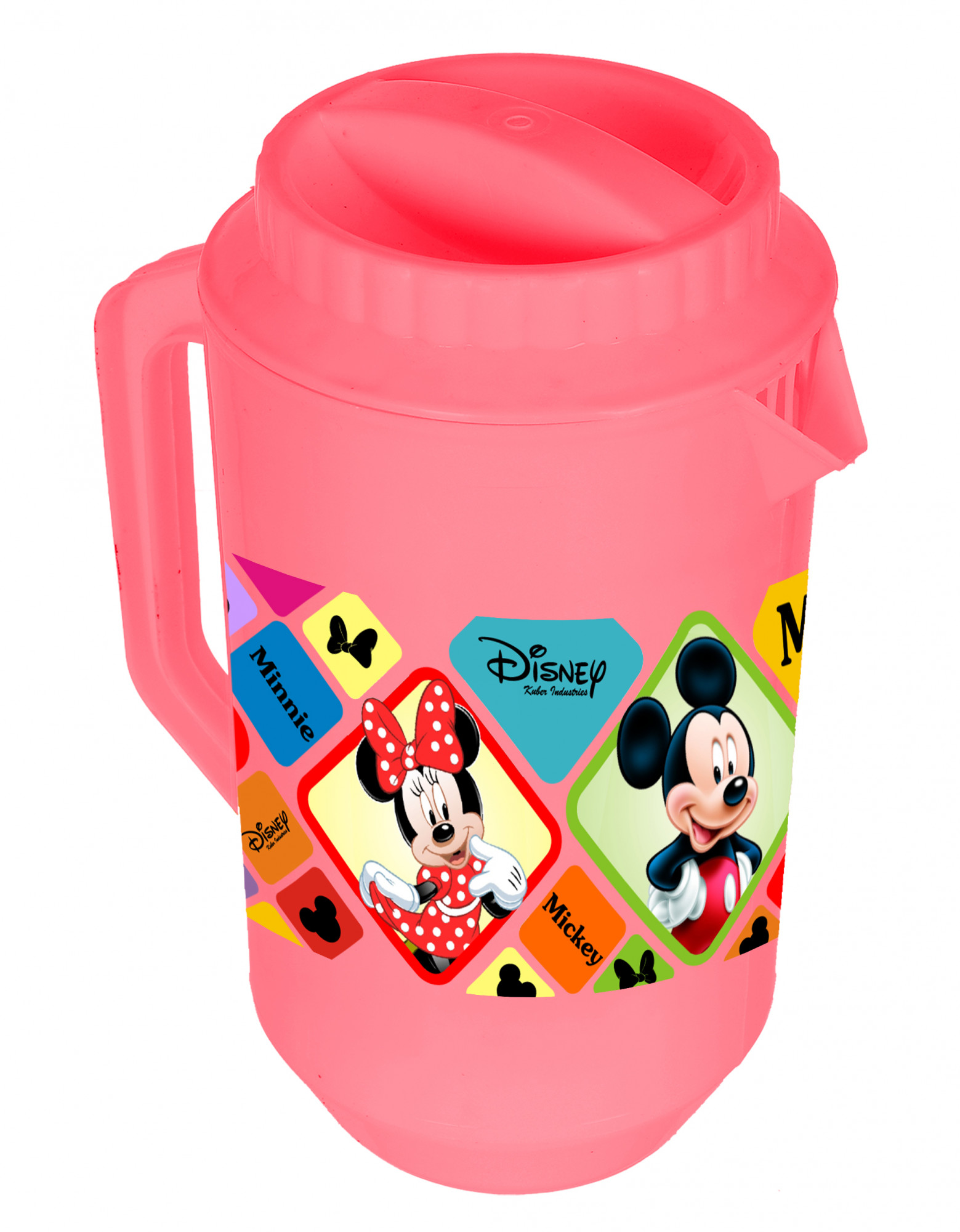 Kuber Industries Disney Mickey Minnie Print Unbreakable Multipurpose Plastic Water & Juice Jug With Lid,2 Ltr (Set Of 2, Pink & Blue)
