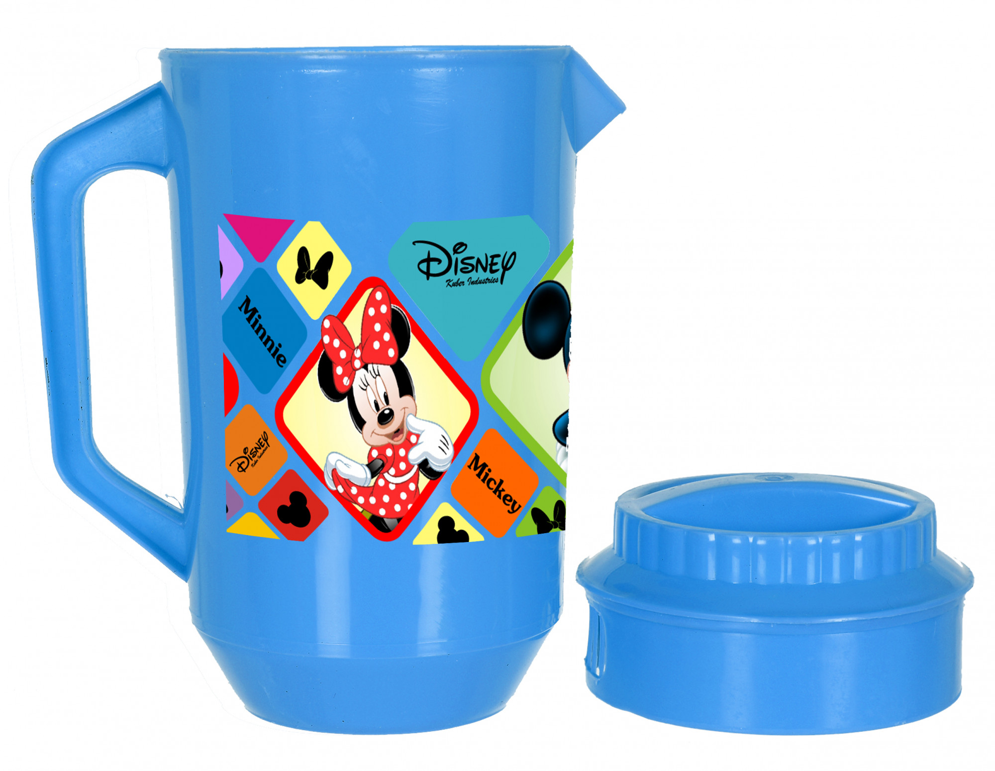 Kuber Industries Disney Mickey Minnie Print Unbreakable Multipurpose Plastic Water & Juice Jug With Lid,2 Ltr (Set Of 2, Pink & Blue)