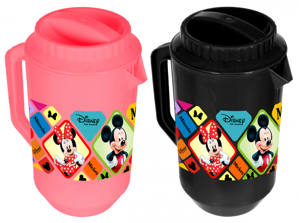 Kuber Industries Disney Mickey Minnie Print Unbreakable Multipurpose Plastic Water &amp; Juice Jug With Lid,2 Ltr (Set Of 2, Pink &amp; Black)