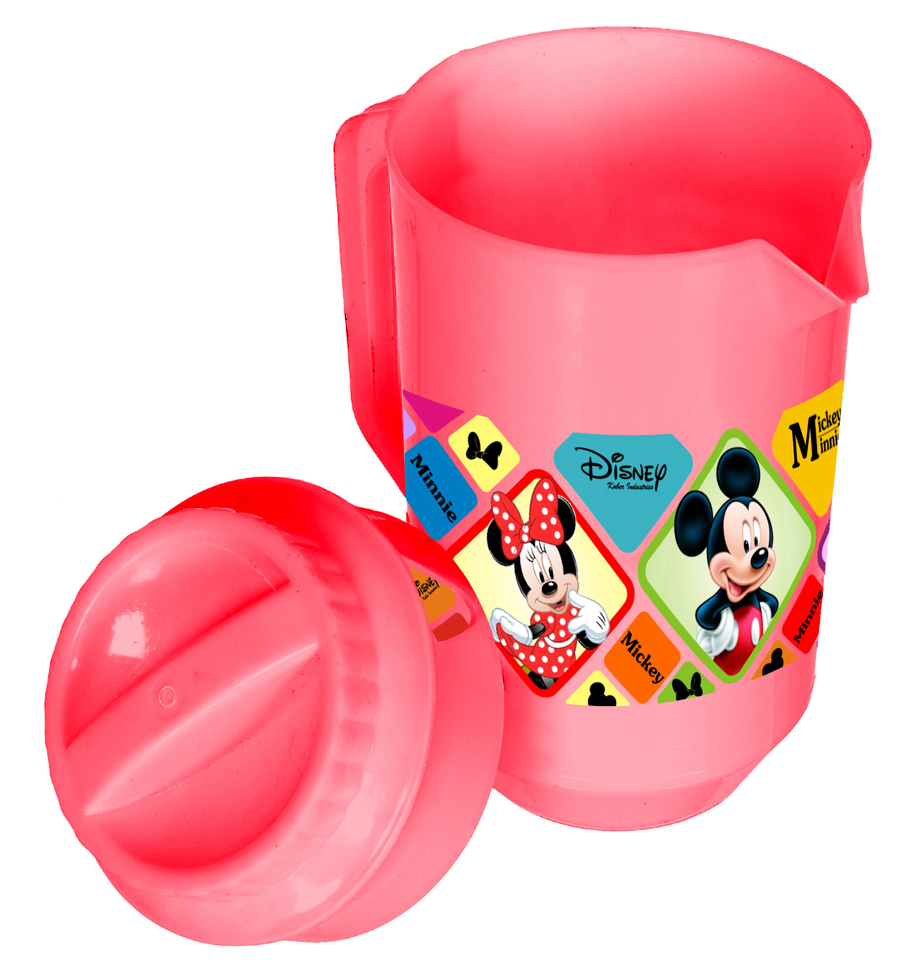 Kuber Industries Disney Mickey Minnie Print Unbreakable Multipurpose Plastic Water & Juice Jug With Lid,2 Ltr (Set Of 2, Pink & Black)