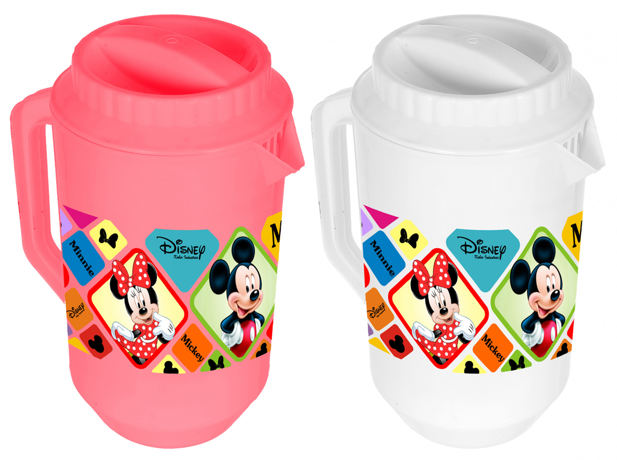Kuber Industries Disney Mickey Minnie Print Unbreakable Multipurpose Plastic Water & Juice Jug With Lid,2 Ltr (Set Of 2, Pink & White)