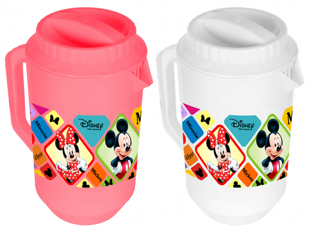Kuber Industries Disney Mickey Minnie Print Unbreakable Multipurpose Plastic Water &amp; Juice Jug With Lid,2 Ltr (Set Of 2, Pink &amp; White)