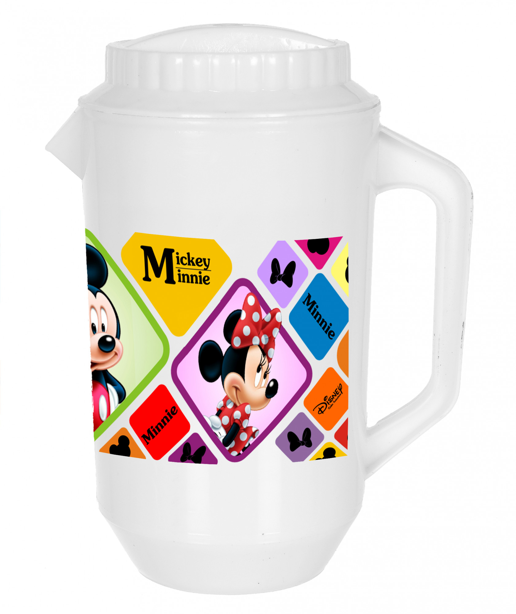 Kuber Industries Disney Mickey Minnie Print Unbreakable Multipurpose Plastic Water & Juice Jug With Lid,2 Ltr (Set Of 2, Pink & White)