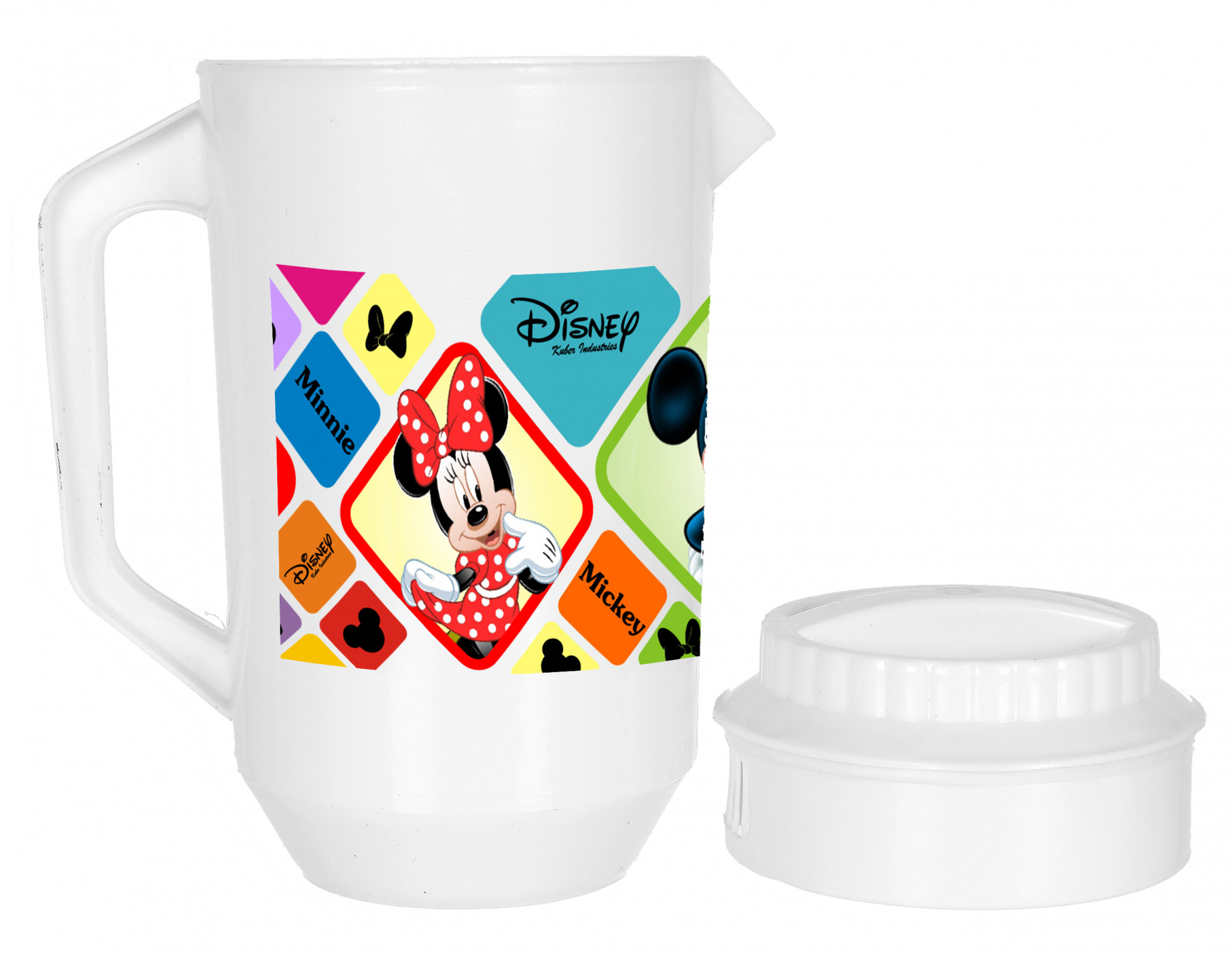 Kuber Industries Disney Mickey Minnie Print Unbreakable Multipurpose Plastic Water & Juice Jug With Lid,2 Ltr (Set Of 2, Pink & White)