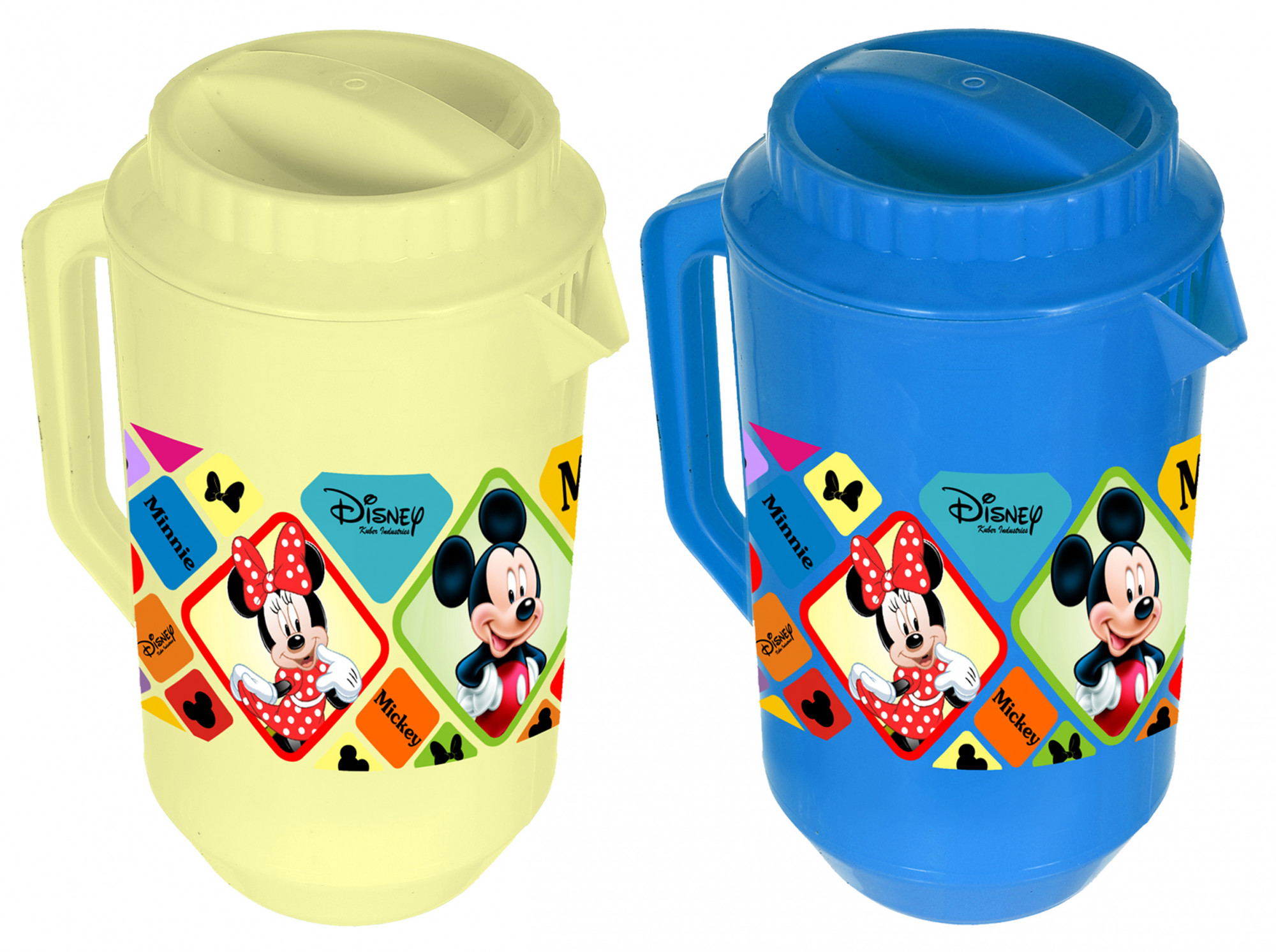 Kuber Industries Disney Mickey Minnie Print Unbreakable Multipurpose Plastic Water & Juice Jug With Lid,2 Ltr (Set Of 2, Cream & Blue)