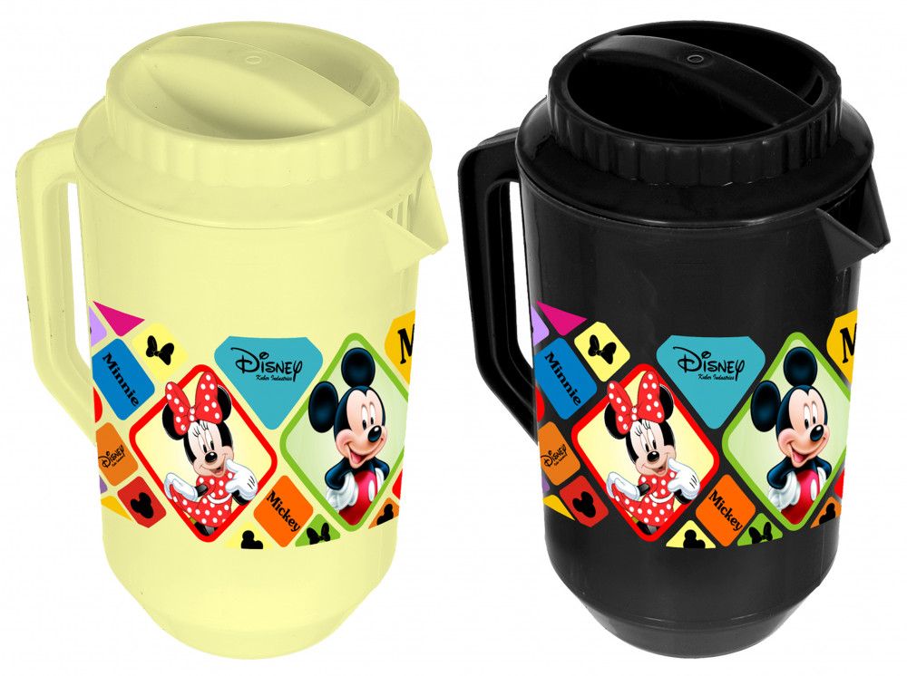 Kuber Industries Disney Mickey Minnie Print Unbreakable Multipurpose Plastic Water &amp; Juice Jug With Lid,2 Ltr (Set Of 2, Cream &amp; Black)
