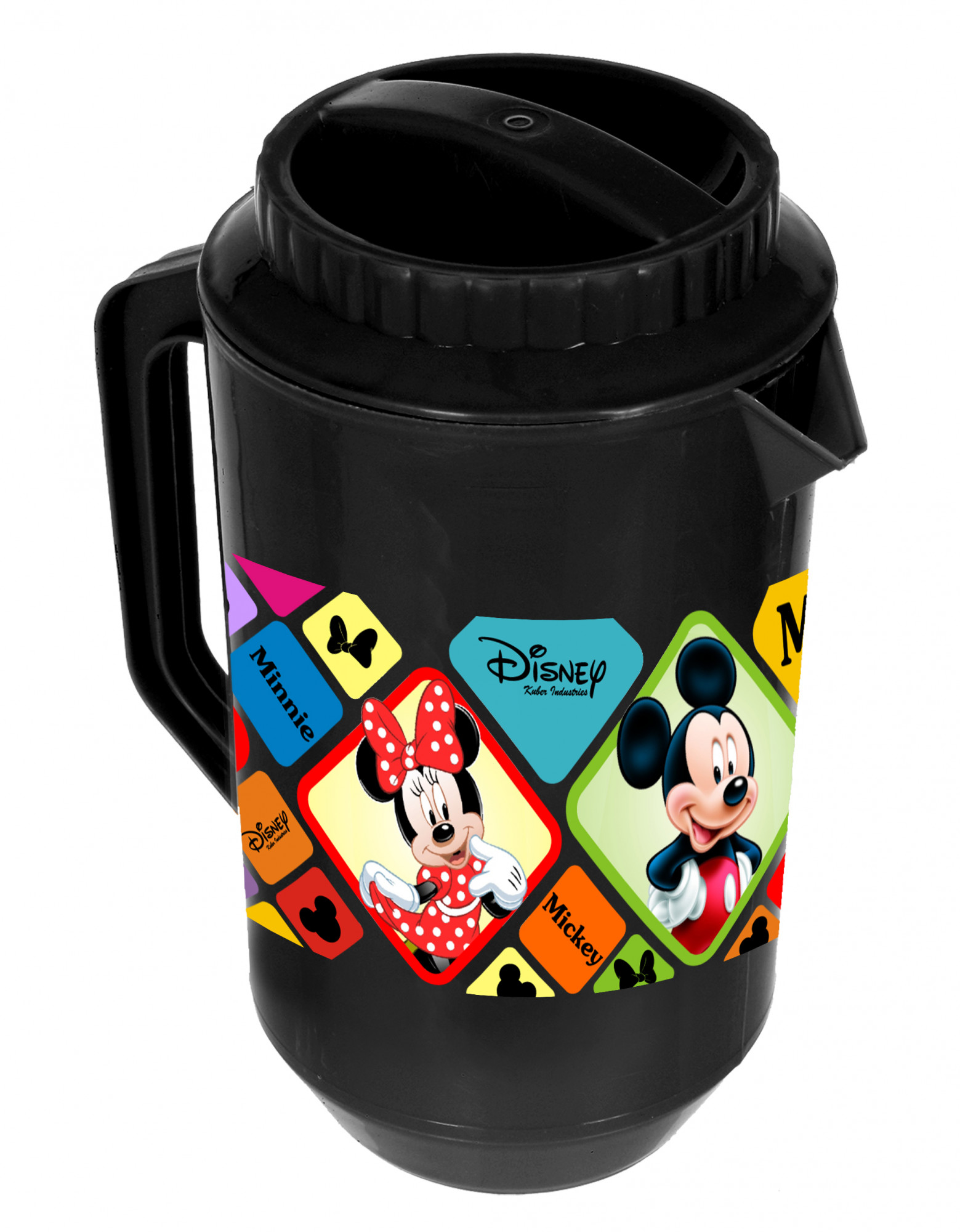 Kuber Industries Disney Mickey Minnie Print Unbreakable Multipurpose Plastic Water & Juice Jug With Lid,2 Ltr (Set Of 2, Cream & Black)