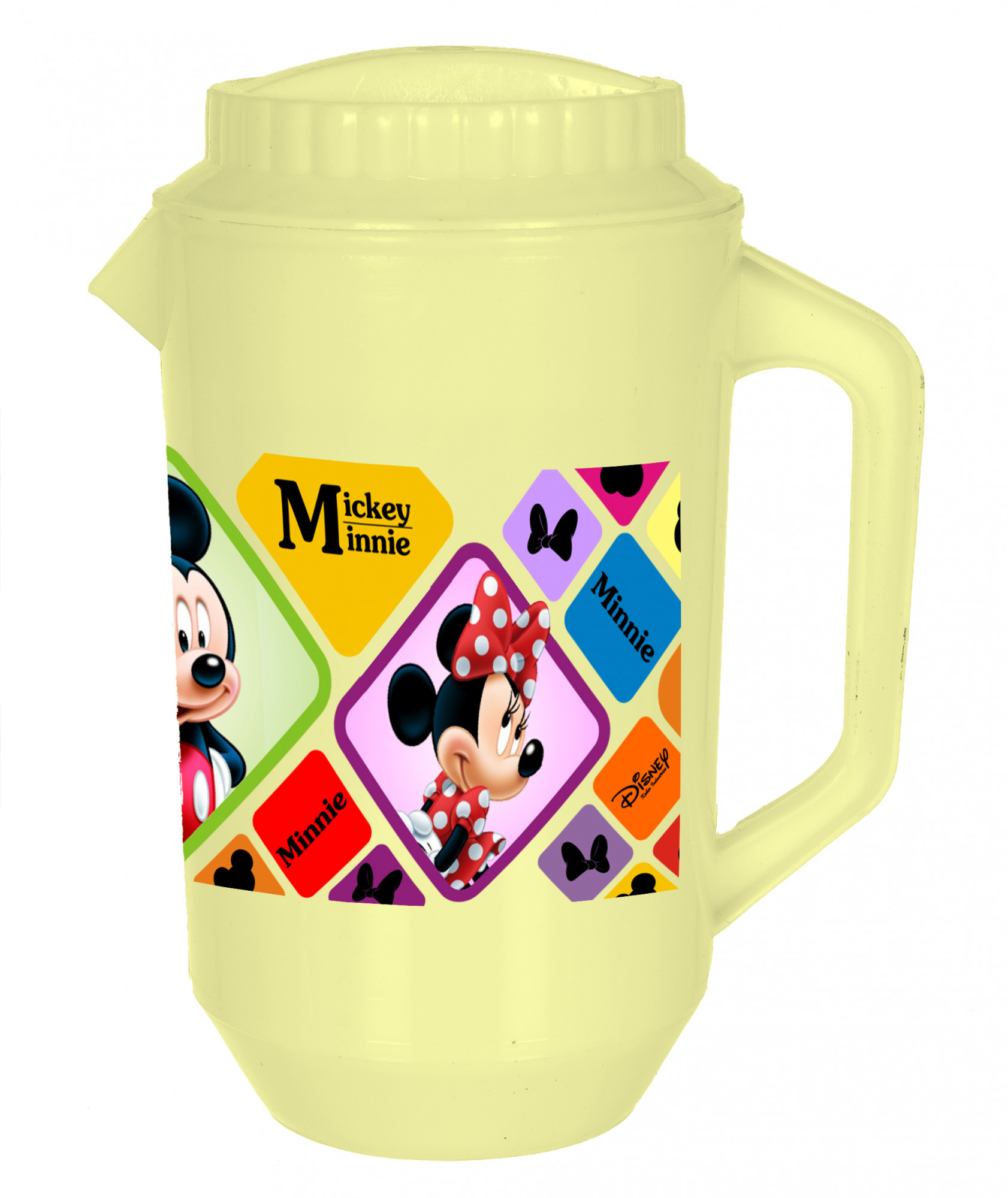 Kuber Industries Disney Mickey Minnie Print Unbreakable Multipurpose Plastic Water & Juice Jug With Lid,2 Ltr (Set Of 2, Cream & Black)