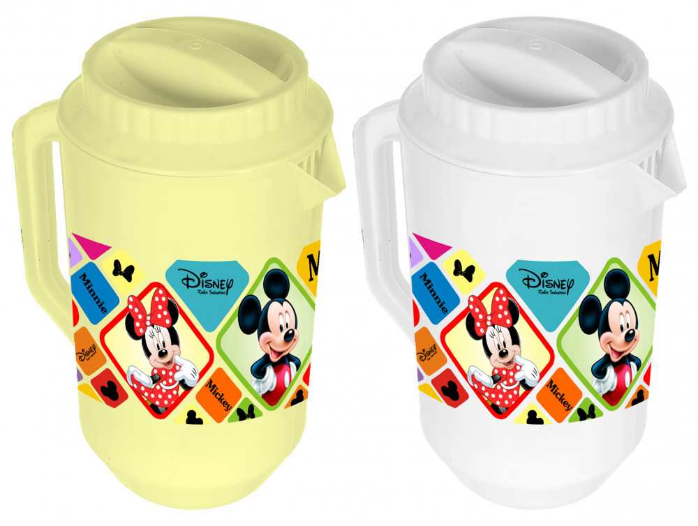 Kuber Industries Disney Mickey Minnie Print Unbreakable Multipurpose Plastic Water &amp; Juice Jug With Lid,2 Ltr (Set Of 2, Cream &amp; White)