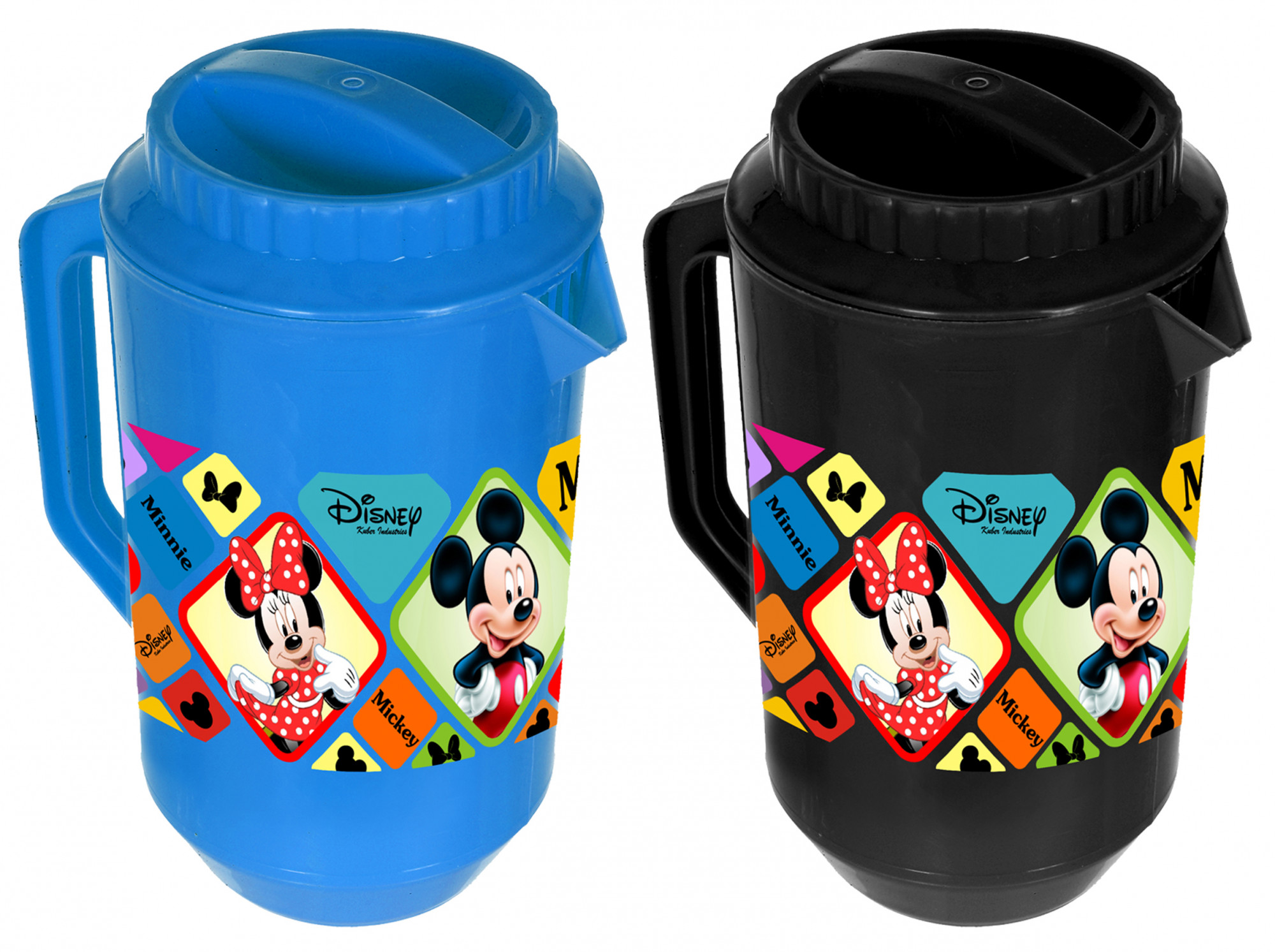 Kuber Industries Disney Mickey Minnie Print Unbreakable Multipurpose Plastic Water & Juice Jug With Lid,2 Ltr (Set Of 2, Blue & Black)