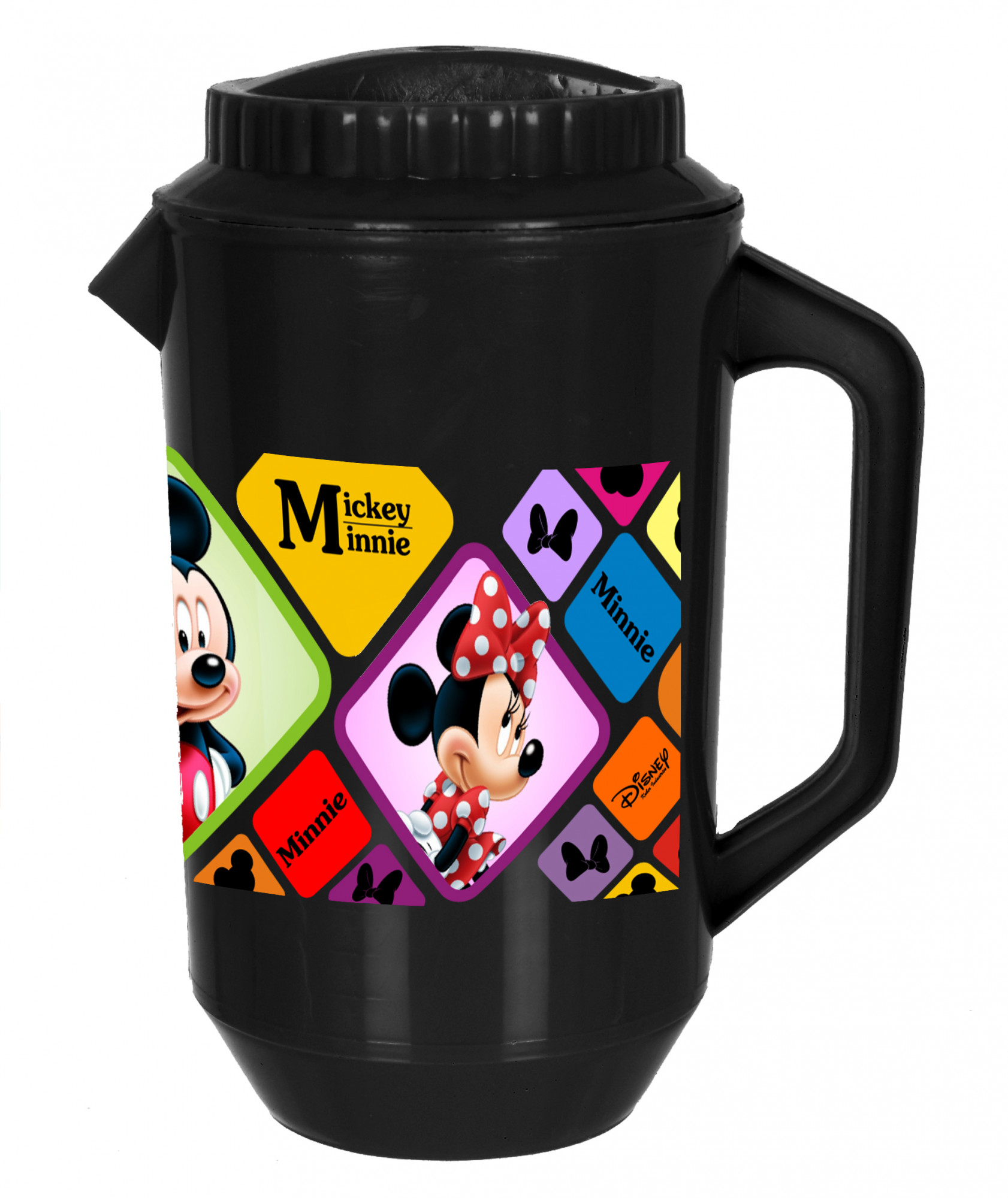 Kuber Industries Disney Mickey Minnie Print Unbreakable Multipurpose Plastic Water & Juice Jug With Lid,2 Ltr (Set Of 2, Blue & Black)