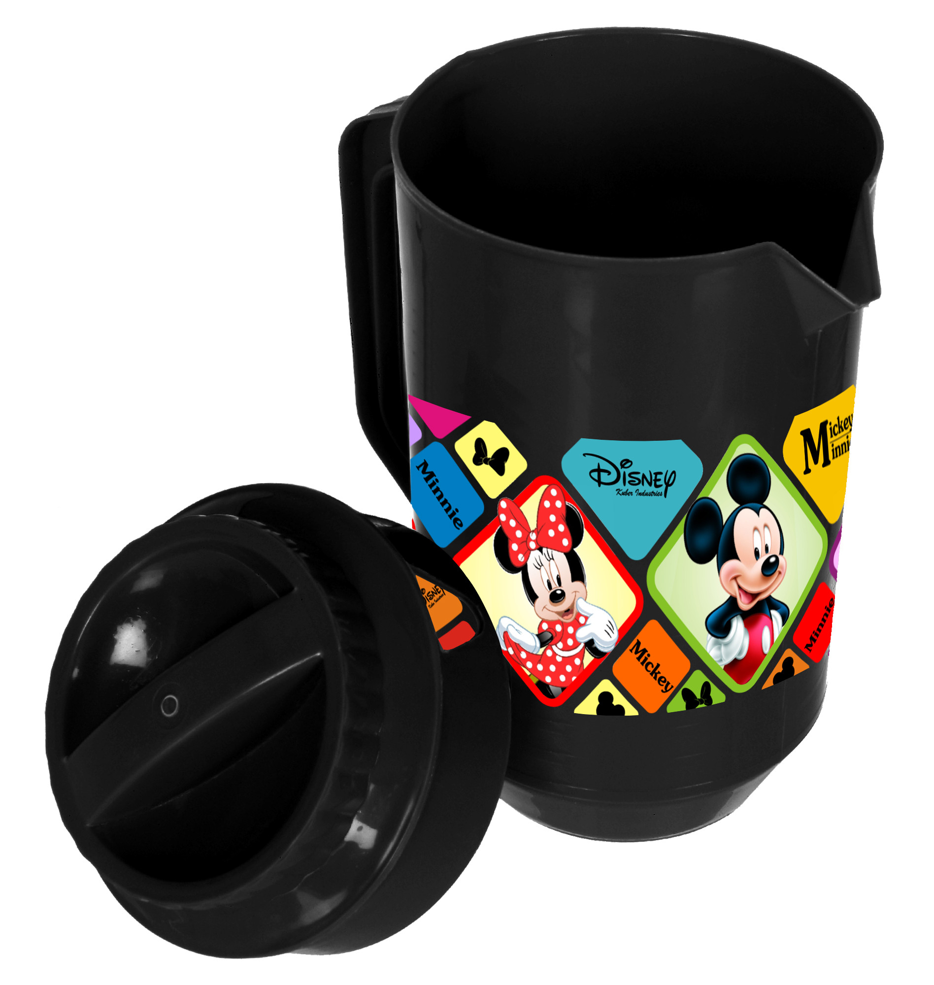 Kuber Industries Disney Mickey Minnie Print Unbreakable Multipurpose Plastic Water & Juice Jug With Lid,2 Ltr (Set Of 2, Blue & Black)