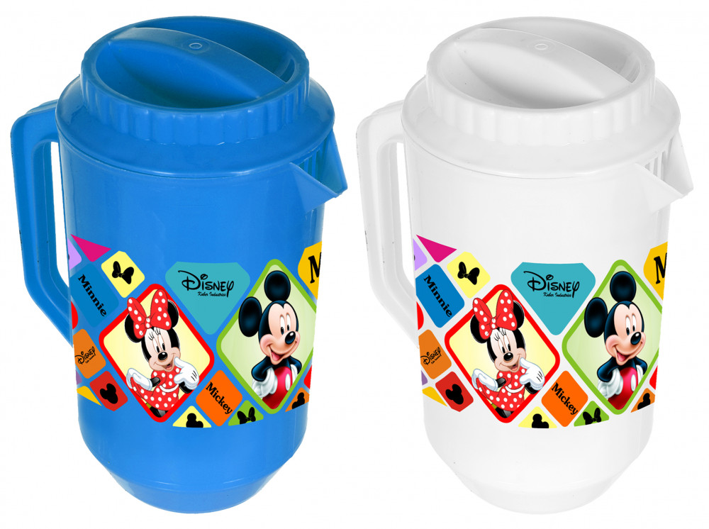 Kuber Industries Disney Mickey Minnie Print Unbreakable Multipurpose Plastic Water &amp; Juice Jug With Lid,2 Ltr (Set Of 2, Blue &amp; White)