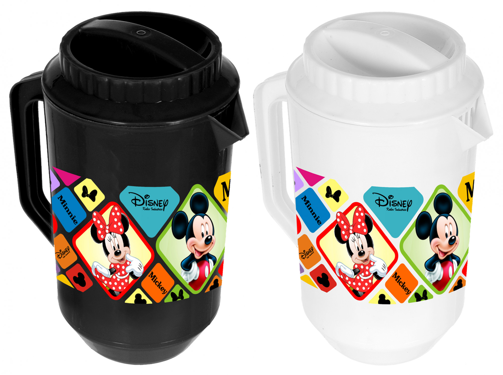 Kuber Industries Disney Mickey Minnie Print Unbreakable Multipurpose Plastic Water & Juice Jug With Lid,2 Ltr (Set Of 2, Black & White)
