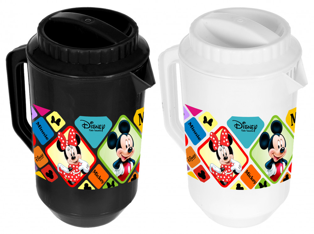 Kuber Industries Disney Mickey Minnie Print Unbreakable Multipurpose Plastic Water &amp; Juice Jug With Lid,2 Ltr (Set Of 2, Black &amp; White)