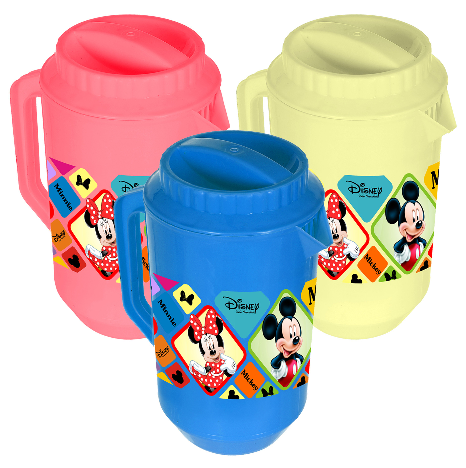 Kuber Industries Disney Mickey Minnie Print Unbreakable Multipurpose Plastic Water & Juice Jug With Lid,2 Ltr (Set of 3,Pink & Cream & Blue)