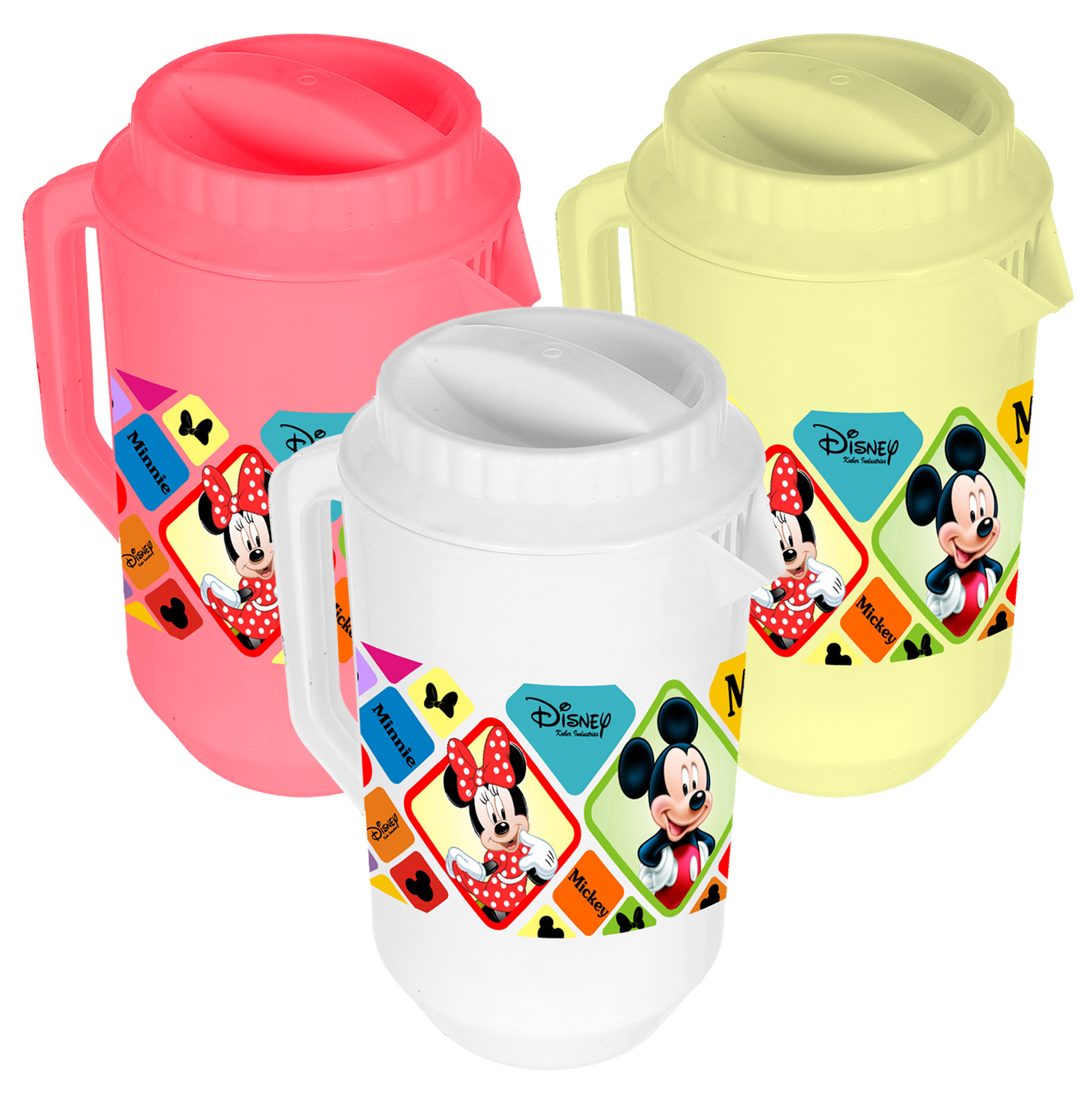 Kuber Industries Disney Mickey Minnie Print Unbreakable Multipurpose Plastic Water & Juice Jug With Lid,2 Ltr (Set of 3,Pink & Cream & White)