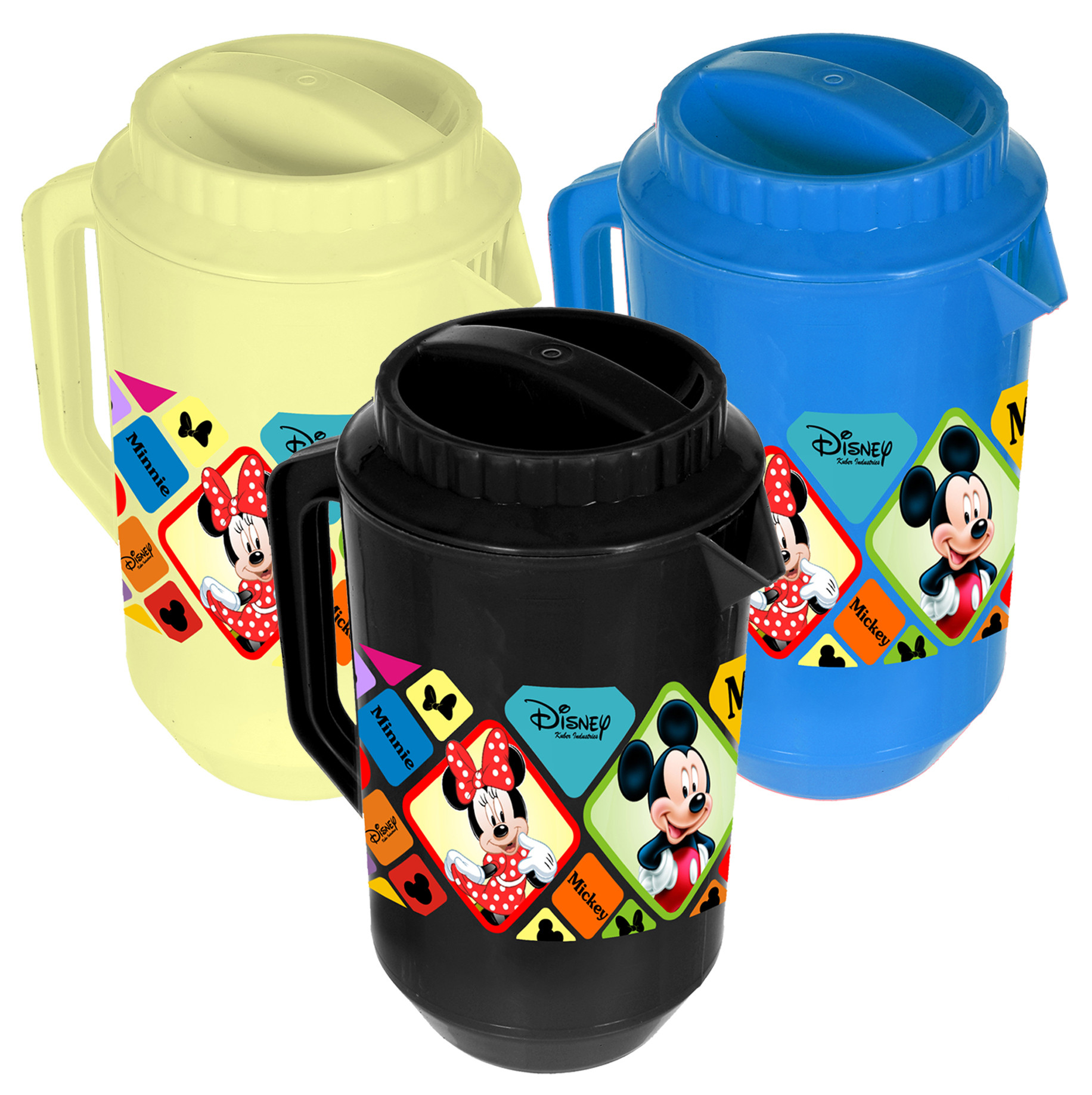 Kuber Industries Disney Mickey Minnie Print Unbreakable Multipurpose Plastic Water & Juice Jug With Lid,2 Ltr (Set of 3,Cream & Blue & Black)