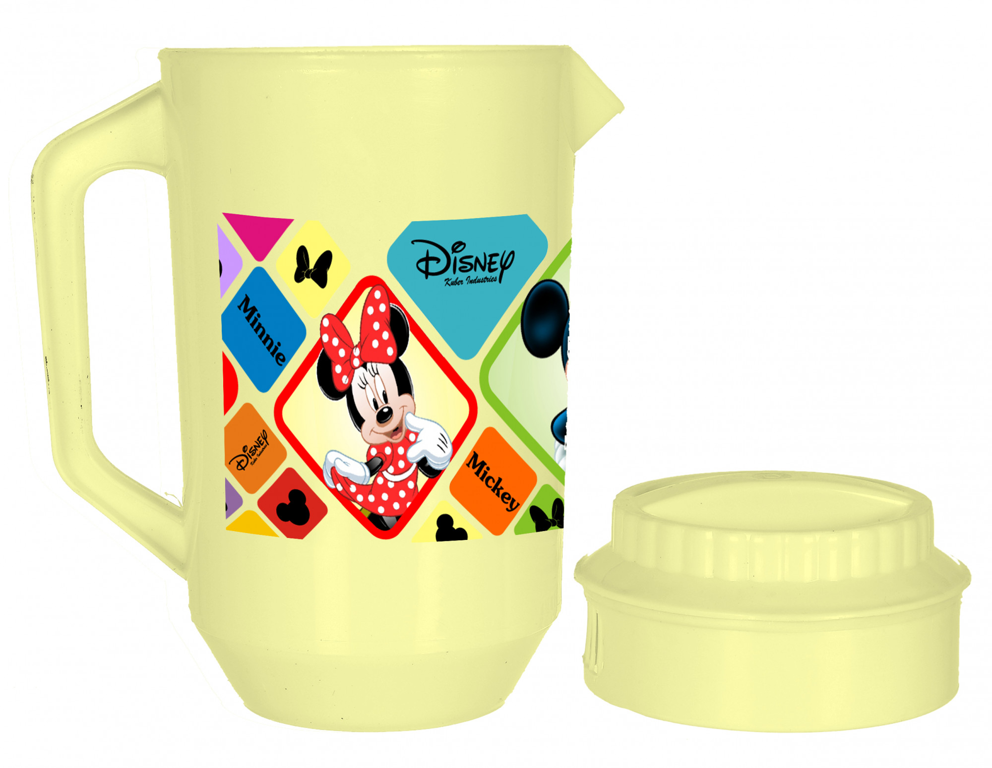 Kuber Industries Disney Mickey Minnie Print Unbreakable Multipurpose Plastic Water & Juice Jug With Lid,2 Ltr (Set of 3,Cream & Blue & Black)