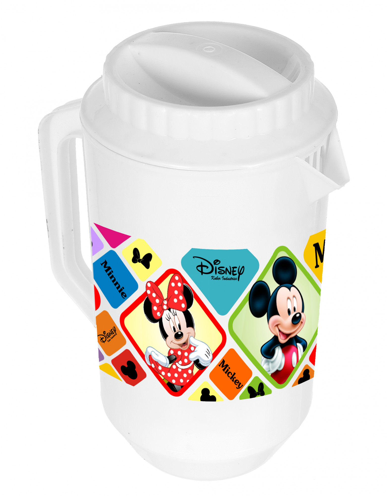 Kuber Industries Disney Mickey Minnie Print Unbreakable Multipurpose Plastic Water & Juice Jug With Lid,2 Ltr (Set of 3,Cream & Blue & White)