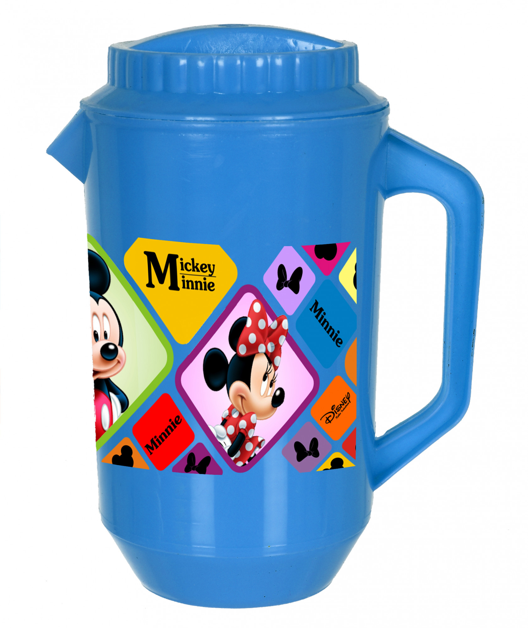 Kuber Industries Disney Mickey Minnie Print Unbreakable Multipurpose Plastic Water & Juice Jug With Lid,2 Ltr (Set of 3,Cream & Blue & White)