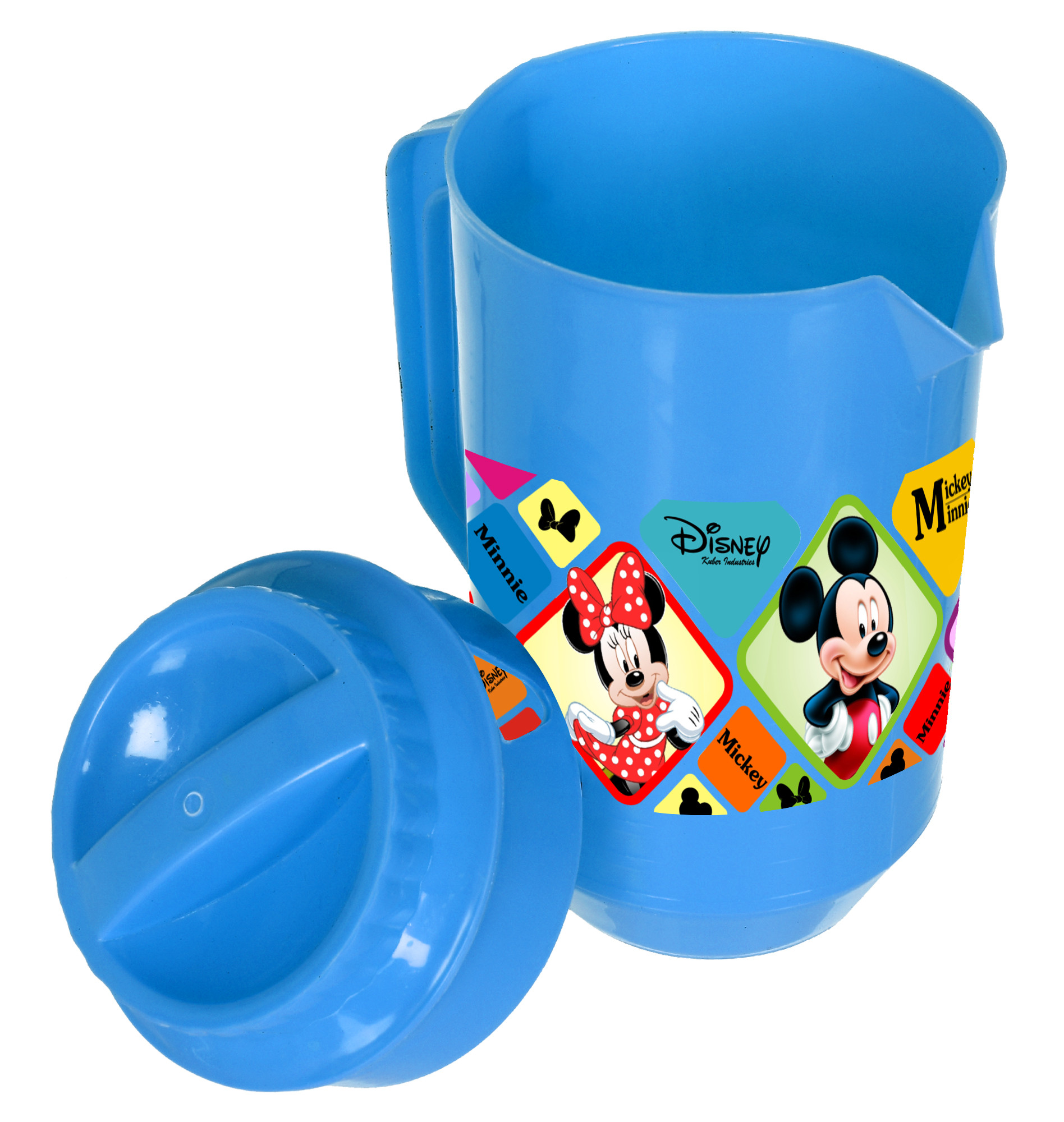 Kuber Industries Disney Mickey Minnie Print Unbreakable Multipurpose Plastic Water & Juice Jug With Lid,2 Ltr (Set of 3,Cream & Blue & White)