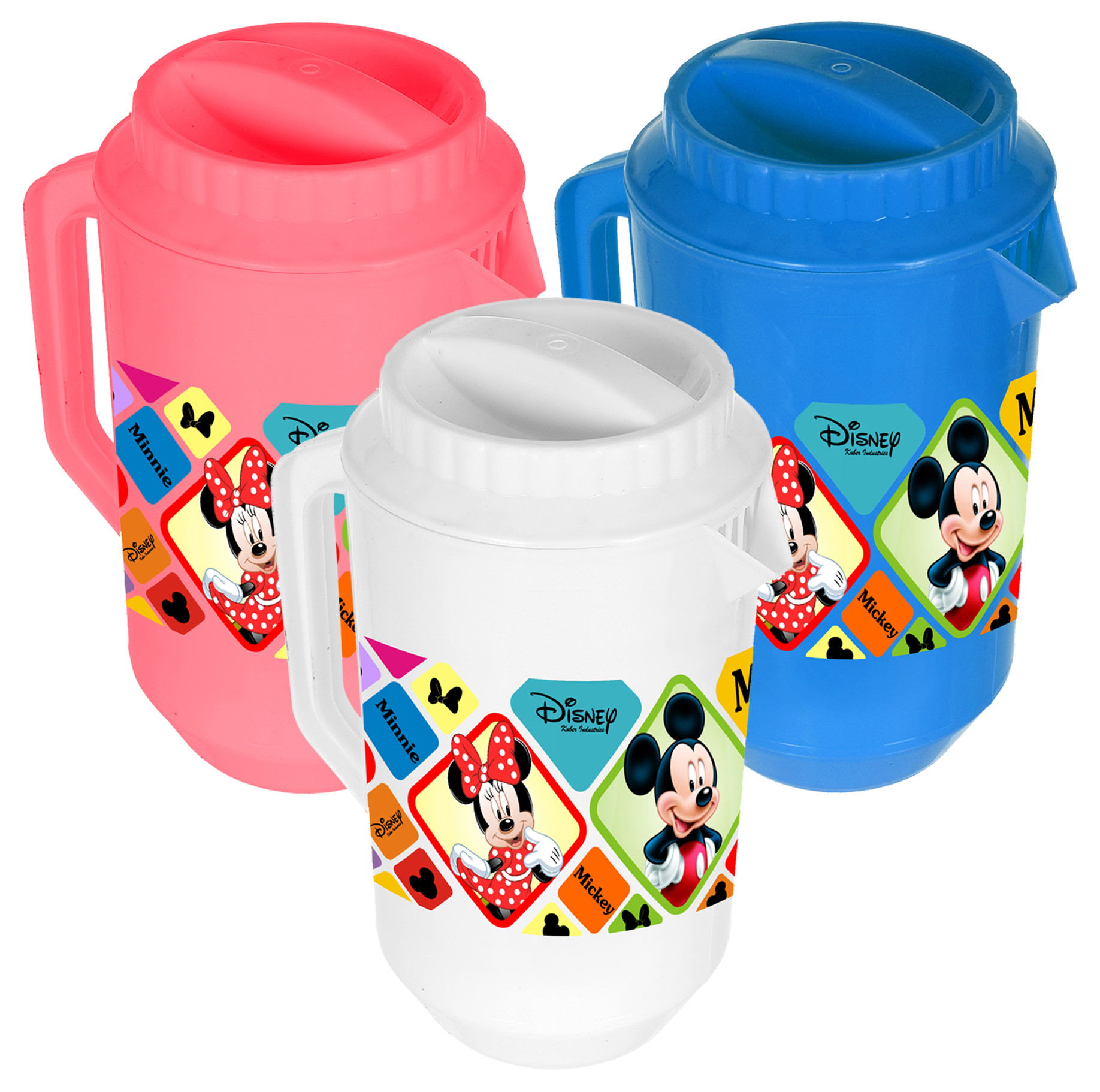 Kuber Industries Disney Mickey Minnie Print Unbreakable Multipurpose Plastic Water & Juice Jug With Lid,2 Ltr (Set of 3,Pink & Blue & White)