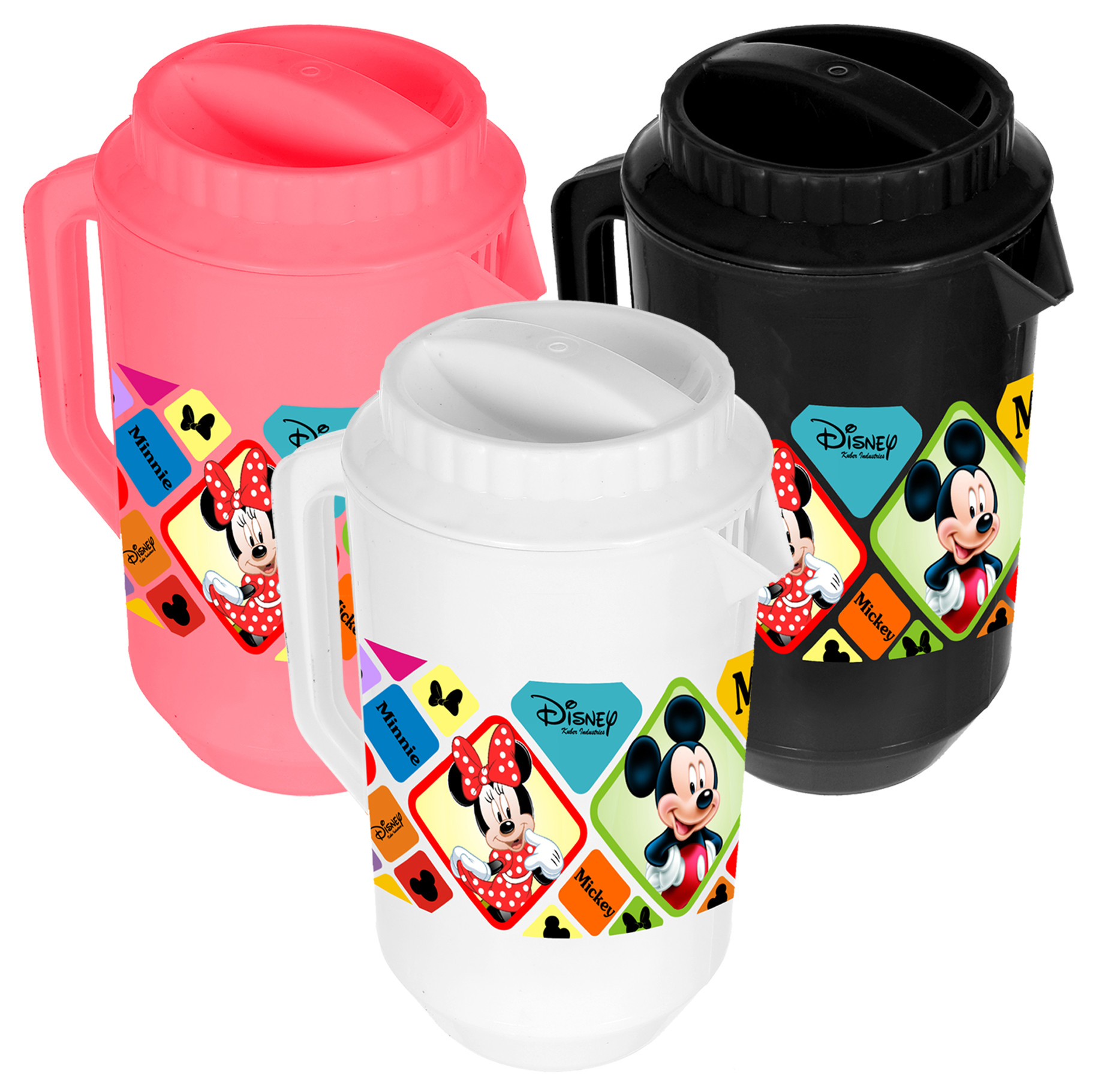 Kuber Industries Disney Mickey Minnie Print Unbreakable Multipurpose Plastic Water & Juice Jug With Lid,2 Ltr (Set of 3,Pink & Black & White)