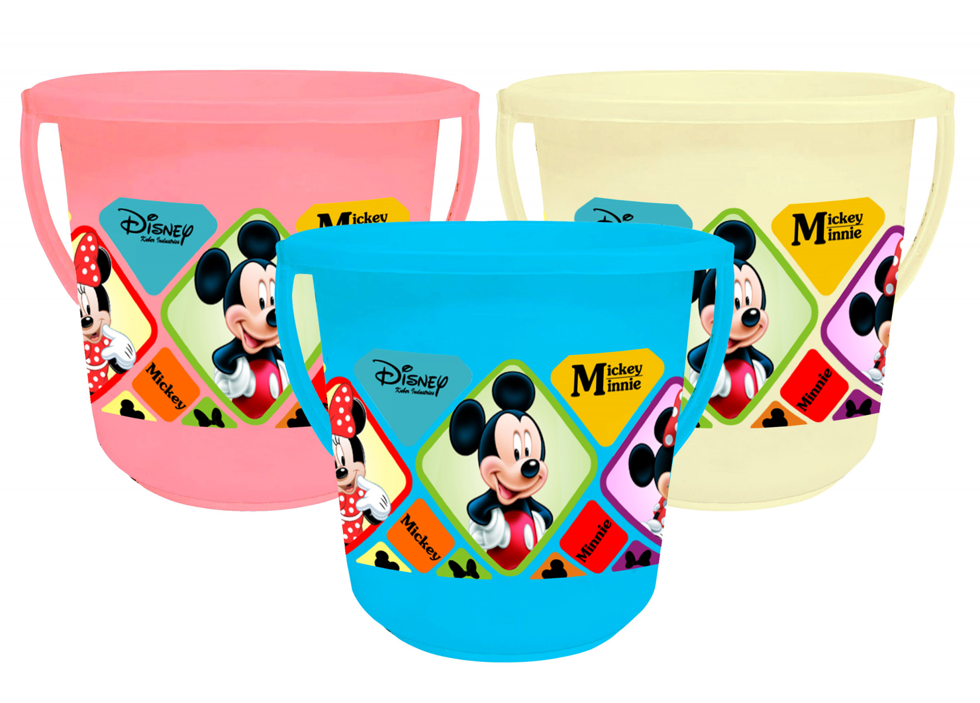 Kuber Industries Disney Mickey Minnie Print Unbreakable Virgin Plastic Strong Bathroom Bucket ,16 LTR (Pink & Cream & Blue)-Pack of 3 -HS_35_KUBMART17867