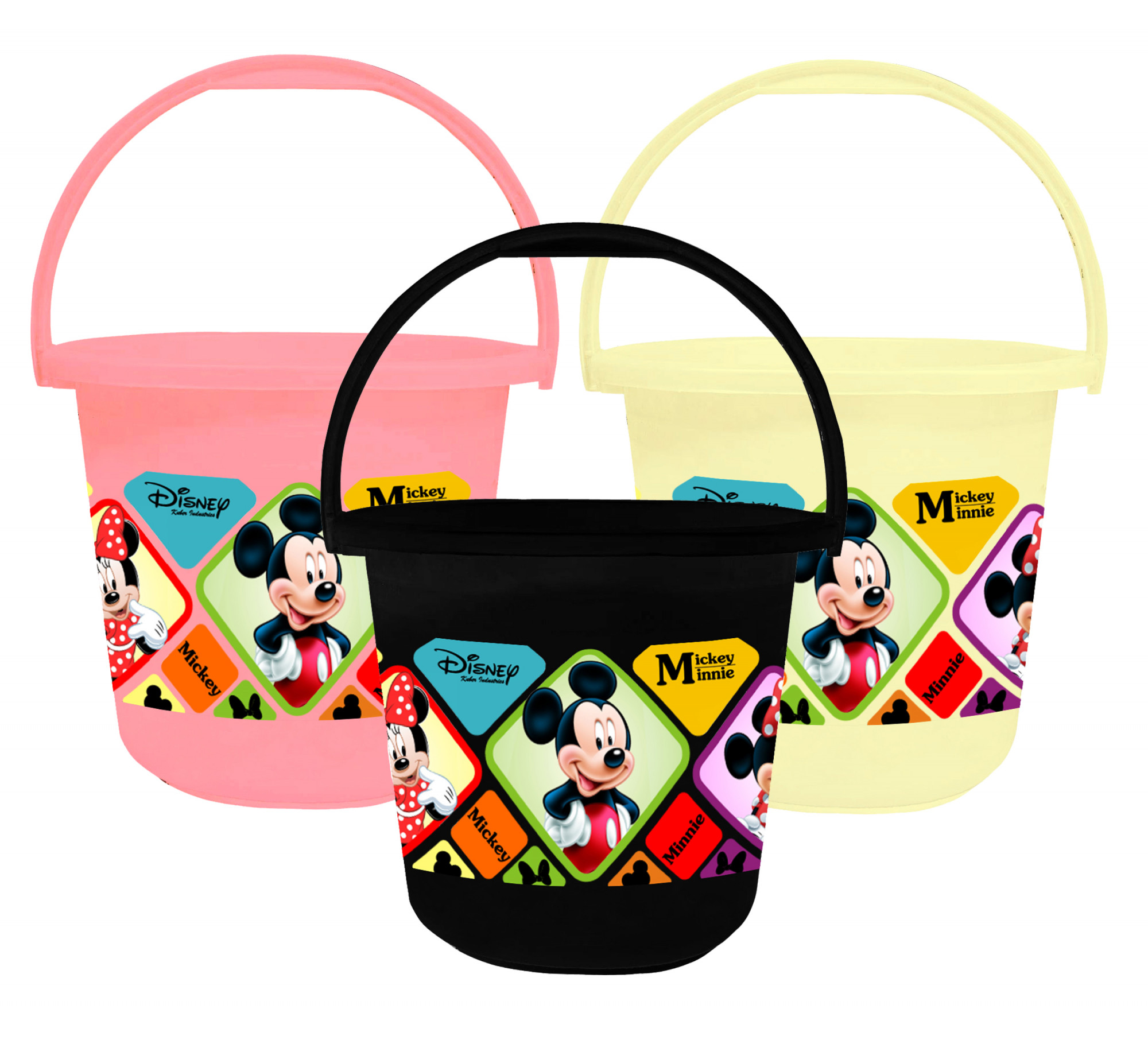 Kuber Industries Disney Mickey Minnie Print Unbreakable Virgin Plastic Strong Bathroom Bucket ,16 LTR (Pink & Cream & Black)-Pack of 3 -HS_35_KUBMART17869