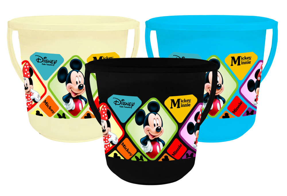 Kuber Industries Disney Mickey Minnie Print Unbreakable Virgin Plastic Strong Bathroom Bucket ,16 LTR (Cream &amp; Blue &amp; Black)-Pack of 3 -HS_35_KUBMART17873