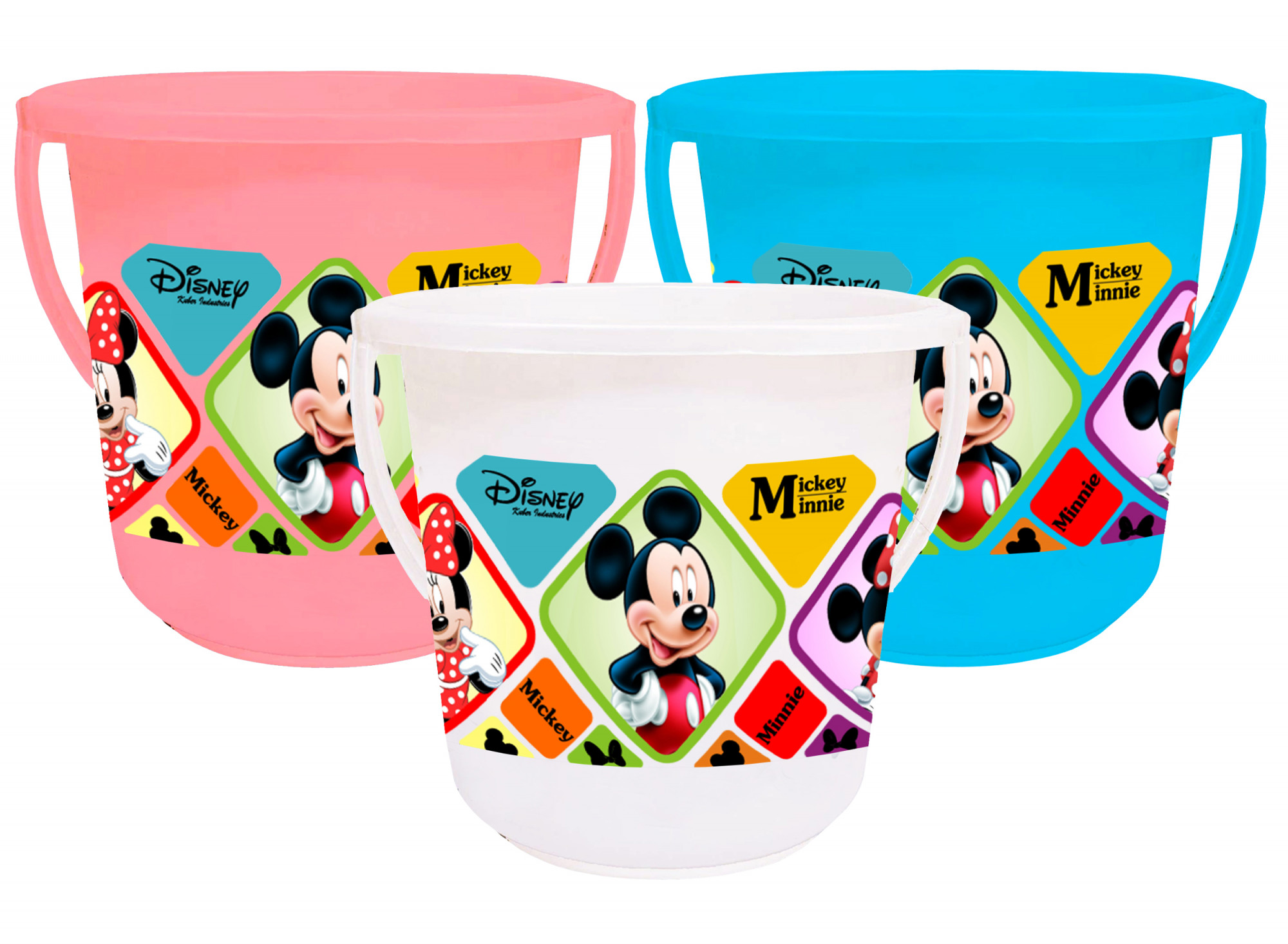 Kuber Industries Disney Mickey Minnie Print Unbreakable Virgin Plastic Strong Bathroom Bucket ,16 LTR (Pink & Blue & White)-Pack of 3 -HS_35_KUBMART17879